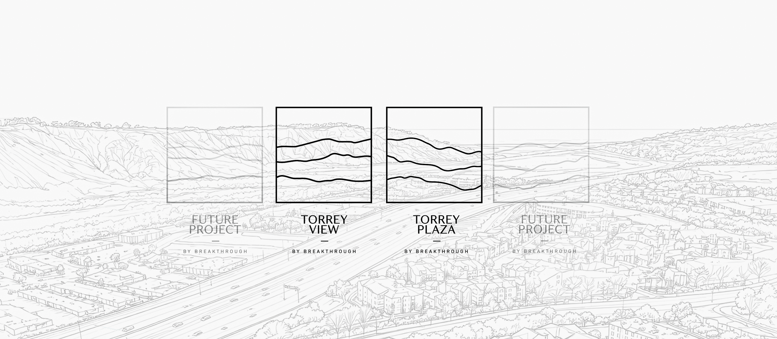 Architectural sketch of a future urban project with labeled views: 'Future Project' on the left and right, 'Torrey View' and 'Torrey Plaza' in the center with hand-drawn mountain and cityscape backgrounds.
