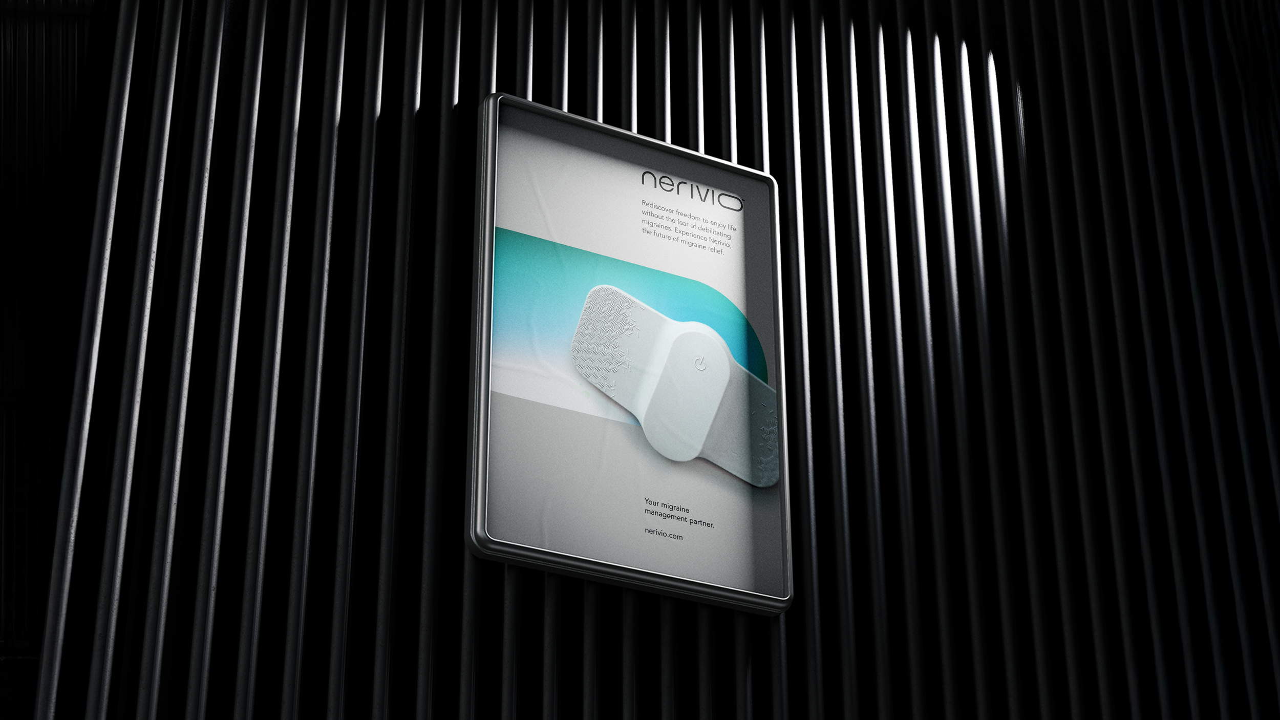 A framed advertisement for Nerivio, a migraine relief device, mounted on a black, corrugated wall. The ad shows an image of the device and text about migraine management.