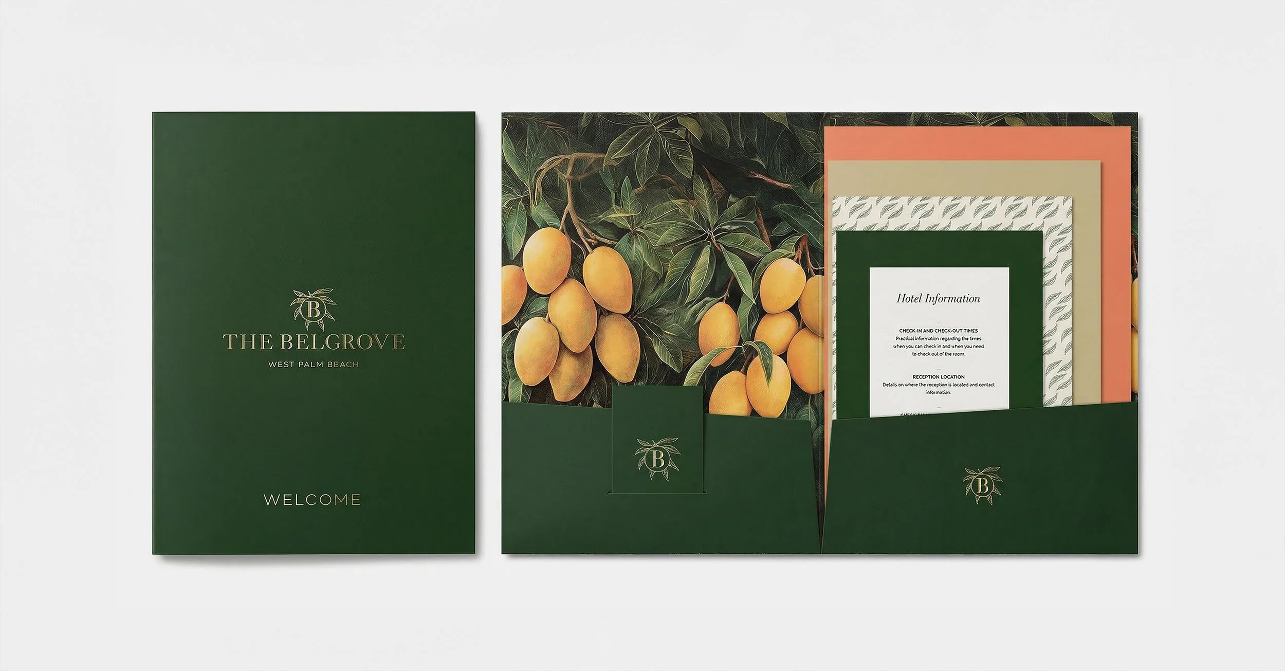 Hotel welcome and information folder set from The Belgrave, West Palm Beach, with green, beige, and coral-colored papers and a fruit-themed background.