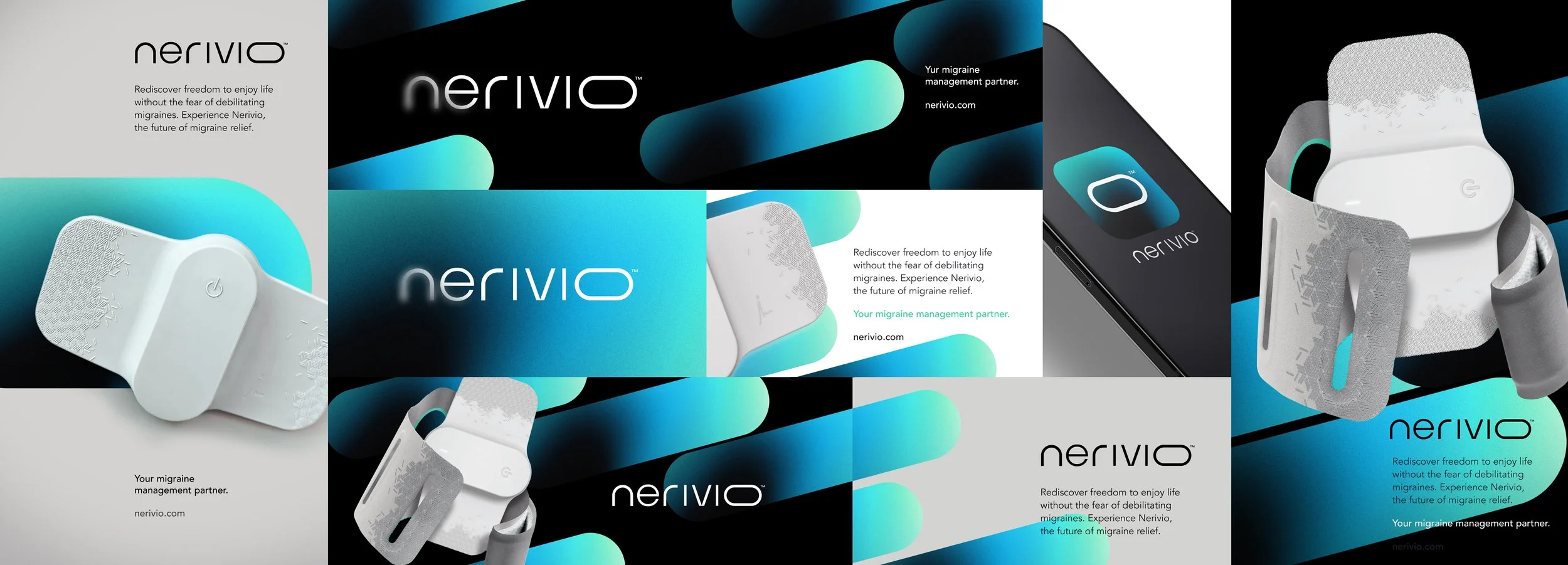Collage of promotional images for Nerivio, a migraine treatment device. Includes product images of a white wearable band with textured patches, branding with the Nerivio logo, and text describing the product as a migraine management partner.