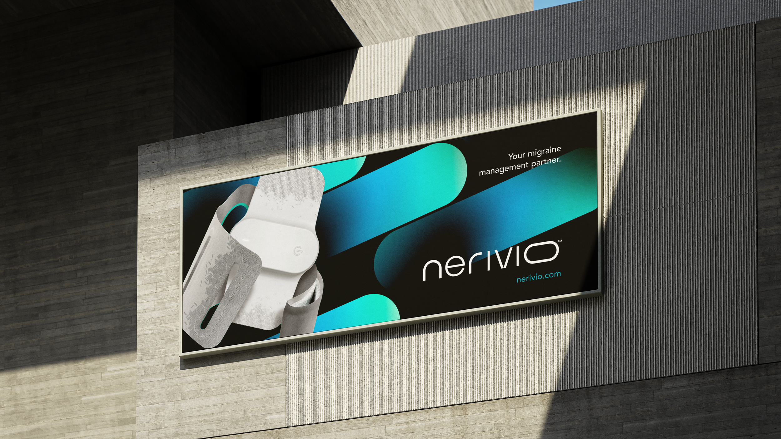 Billboard advertisement for Nerivio, a migraine management device, featuring an image of a portable device with a strap, with the tagline "Your migraine management partner" and a website URL nerivio.com.