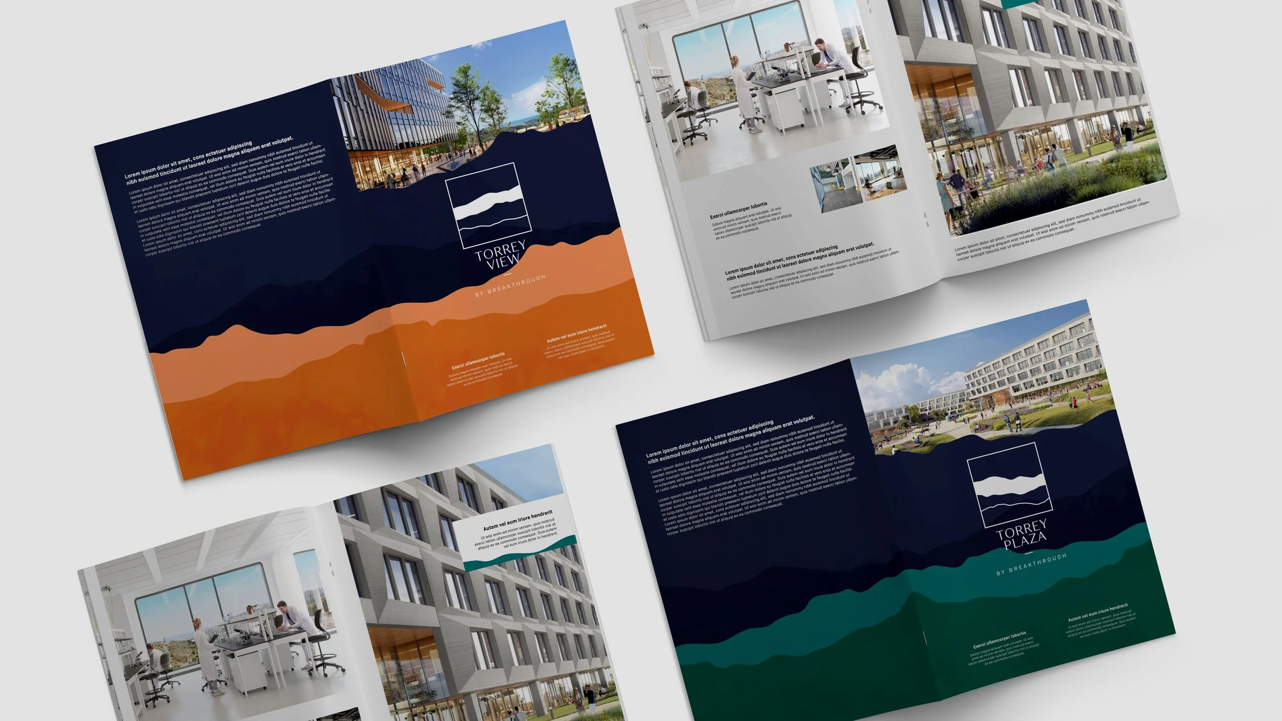 Open booklet brochures with images of modern buildings, office interiors, and outdoor community spaces for Torre View and Torre Plaza developments.