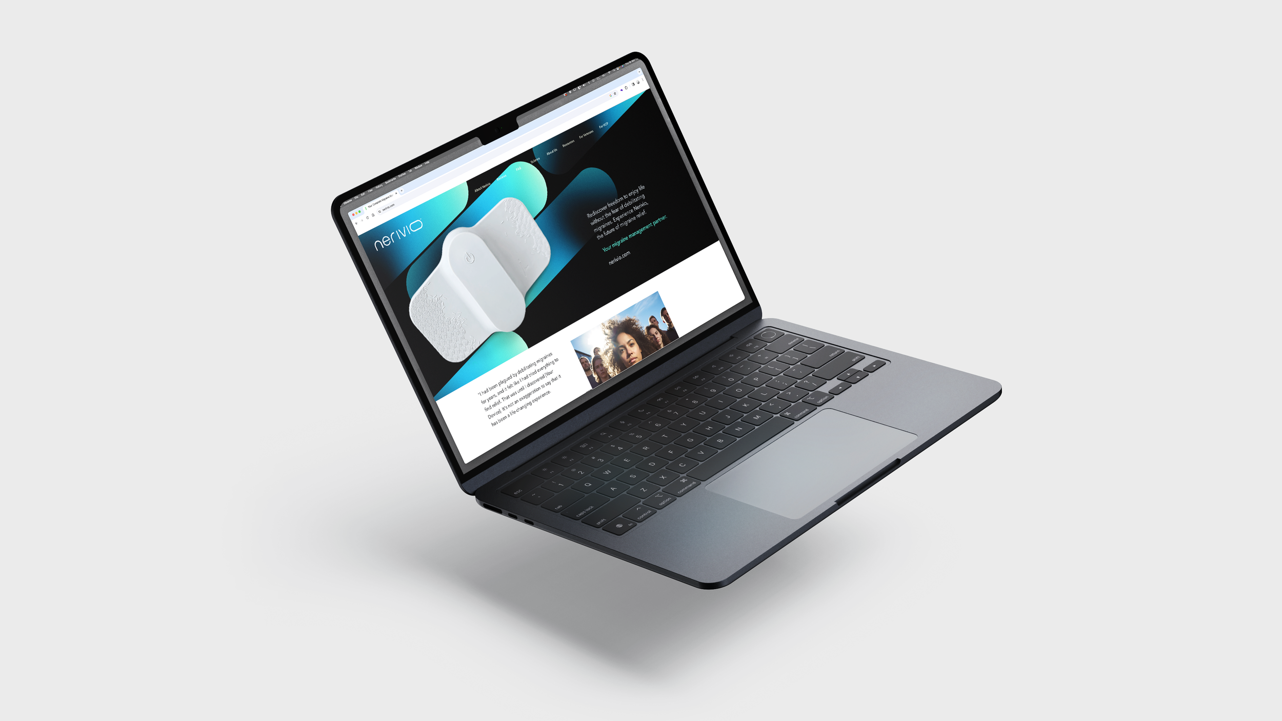 A silver laptop computer with a black keyboard displays a website for Nervio, featuring a white device on a dark background.