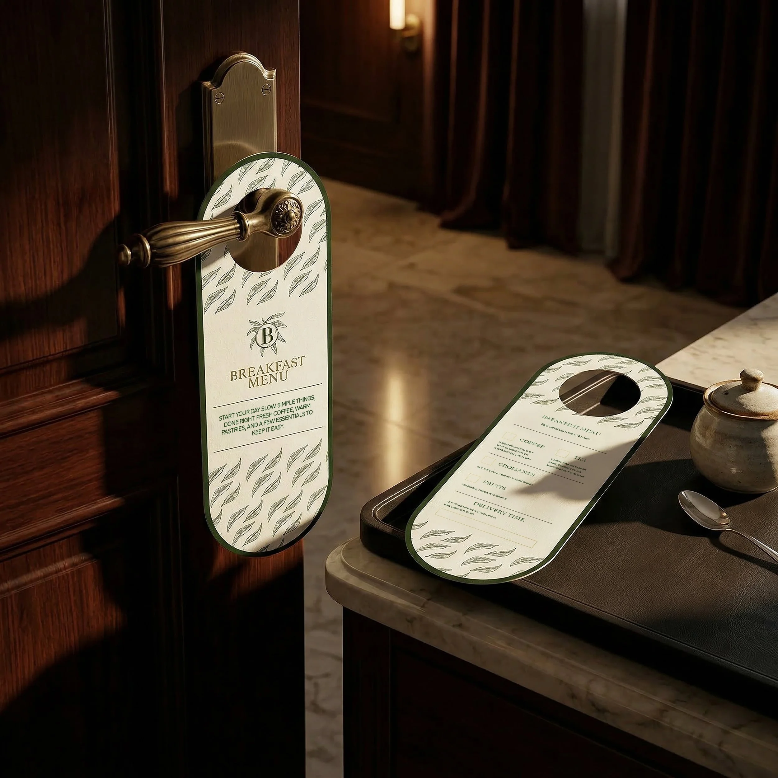 A breakfast menu attached to a wooden door handle and a separate menu on a table in a dimly lit setting.