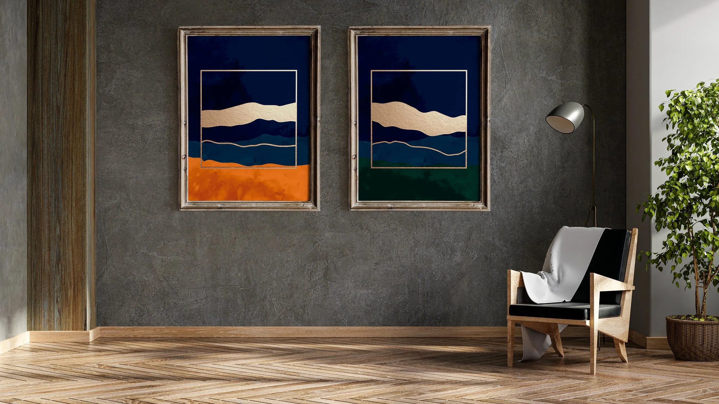 Interior of a contemporary room with two abstract landscape paintings on a gray wall, a wooden chair with a white and black fabric, a silver floor lamp, and a potted plant.