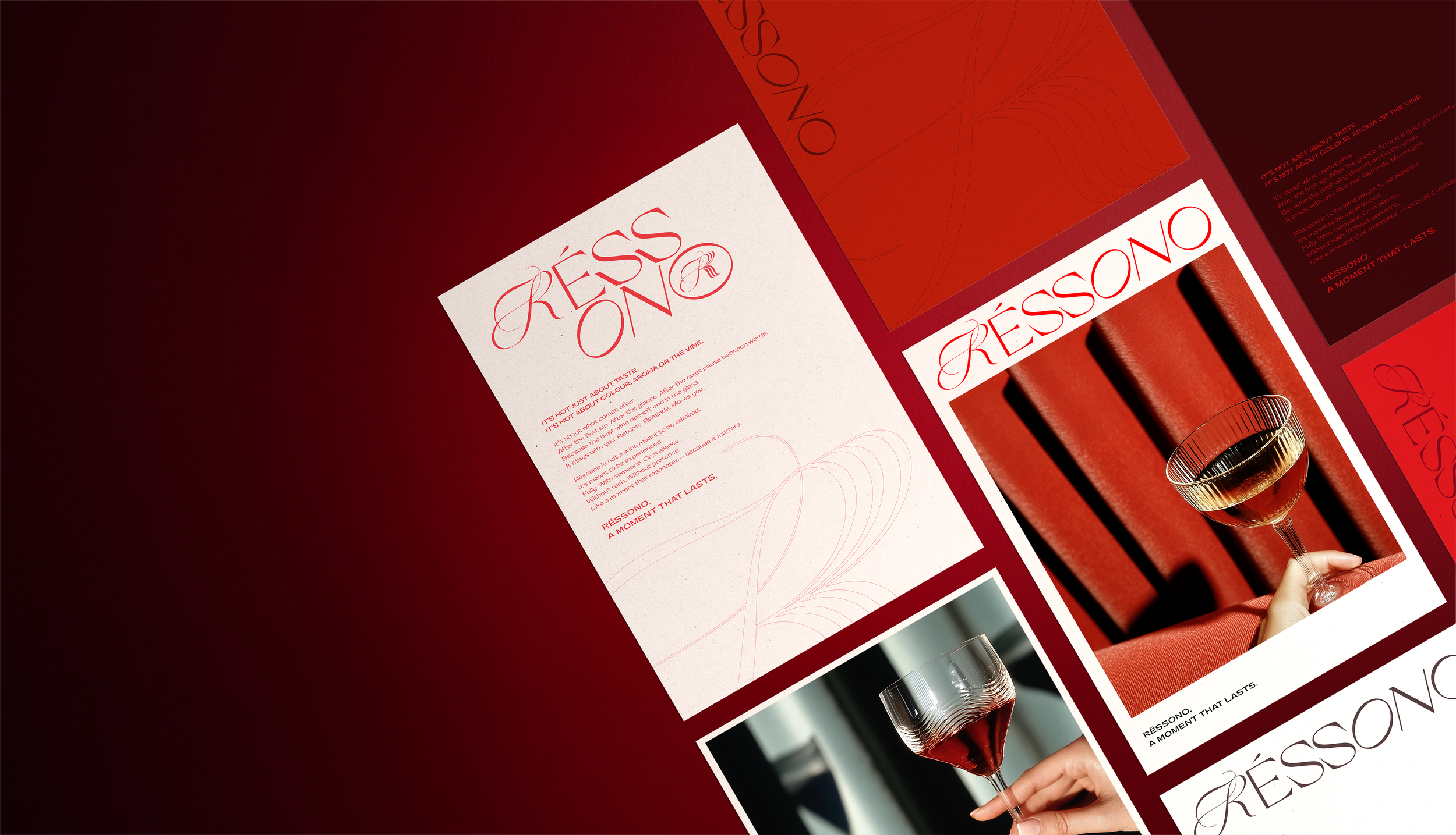 Brochure or marketing material for RESSONO, featuring images of wine bottles and a glass of red wine, with elegant red and white design elements and text promoting taste and memorable moments.