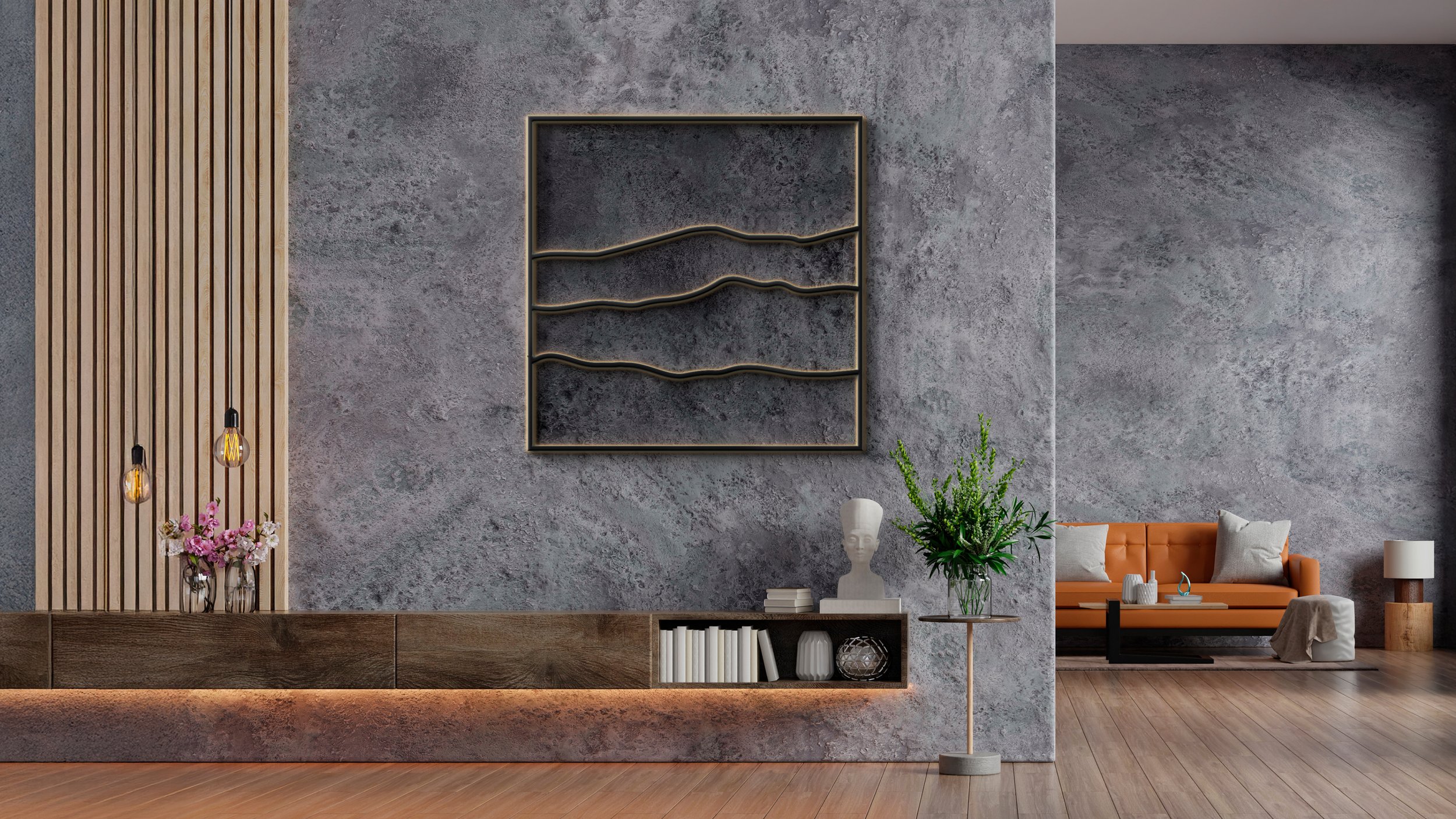 Modern living room with a textured gray wall, wooden paneling with hanging Edison bulbs, a black metal wall art piece, a shelf with books and decorative objects, a large potted plant, and an orange sofa with white cushions.