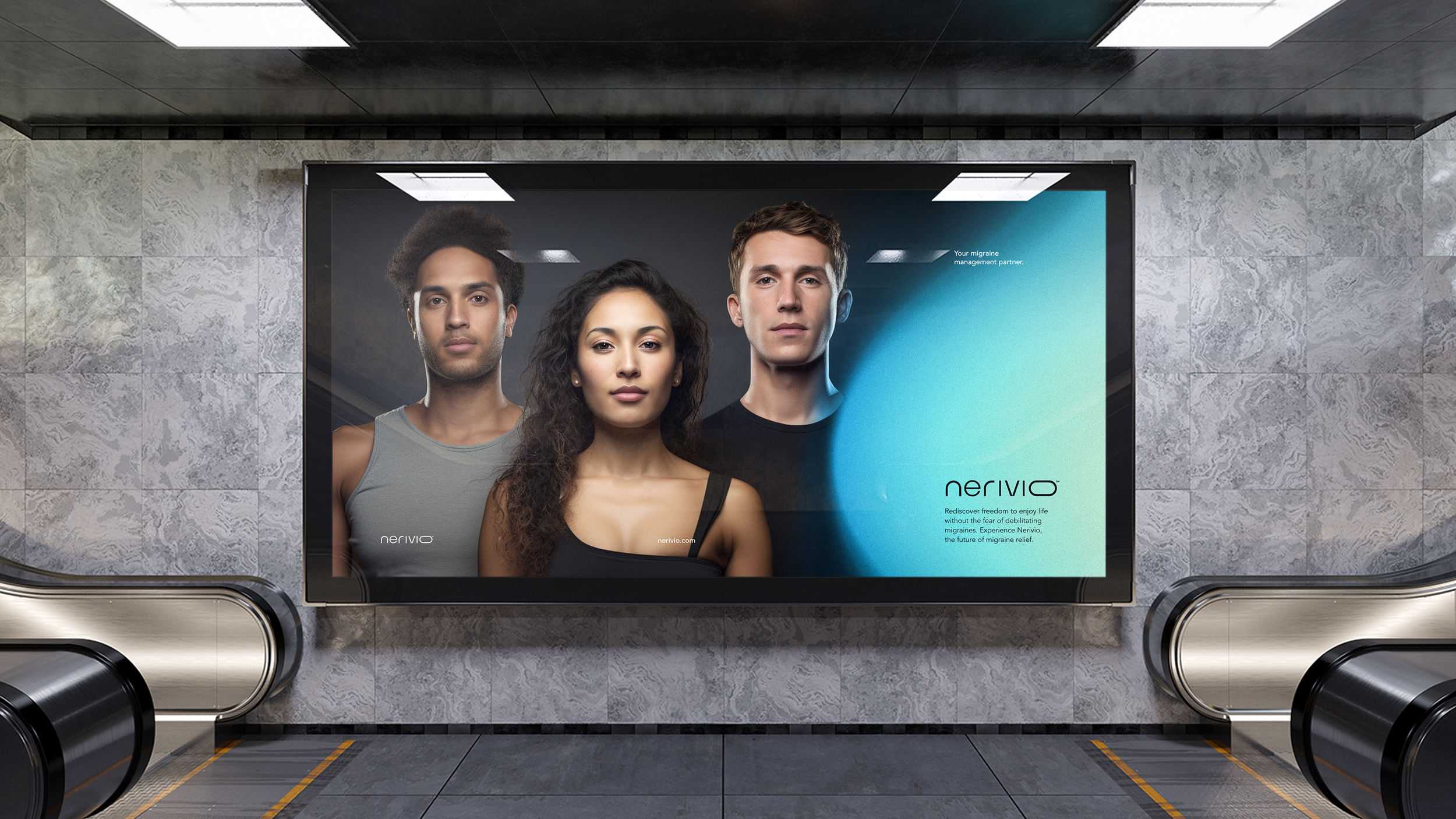 Advertisement in a subway station showing three diverse models promoting Nervio, a migraine management product, with a blue gradient background.