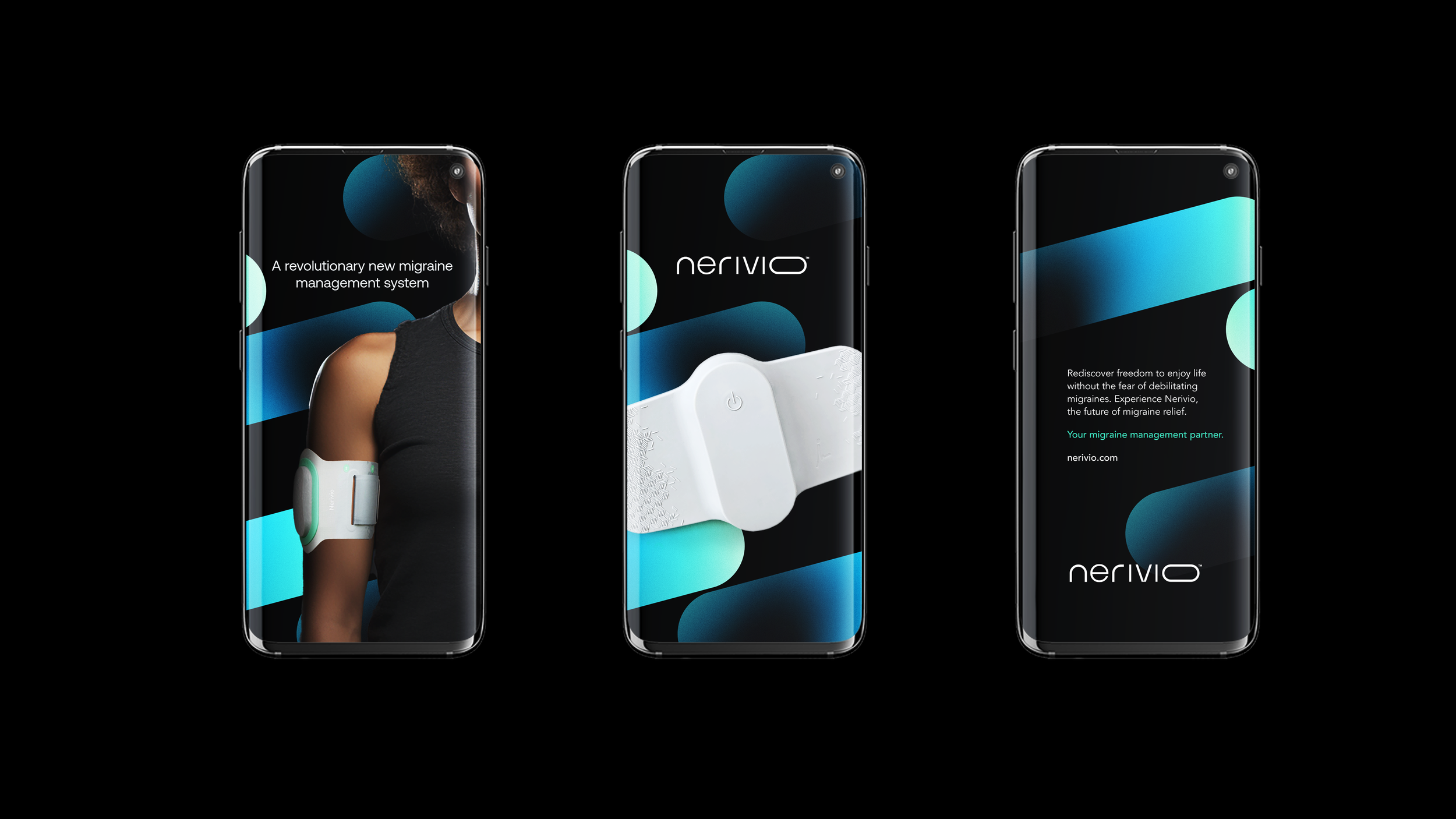 Three smartphones displaying a migraine management system called Nerivio. The first phone shows a woman wearing a white device on her arm with the text 'A revolutionary new migraine management system.' The second phone shows a close-up of the device with the Nerivio logo. The third phone displays a message about managing migraines and the Nerivio website.