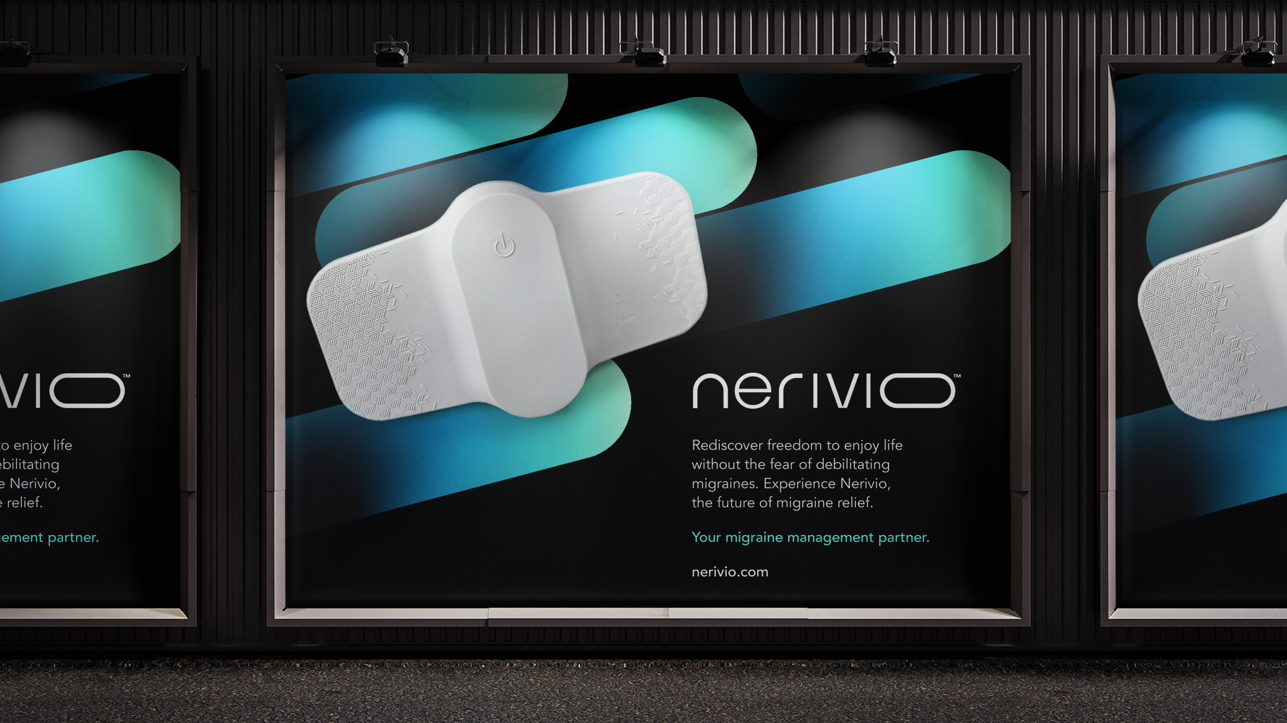 Billboard advertisement for Nervio, a migraine relief device, showing the device with a power button and textured surface, with the Nervio logo and tagline, "Rediscover freedom to enjoy life without the fear of debilitating migraines," at the bottom.