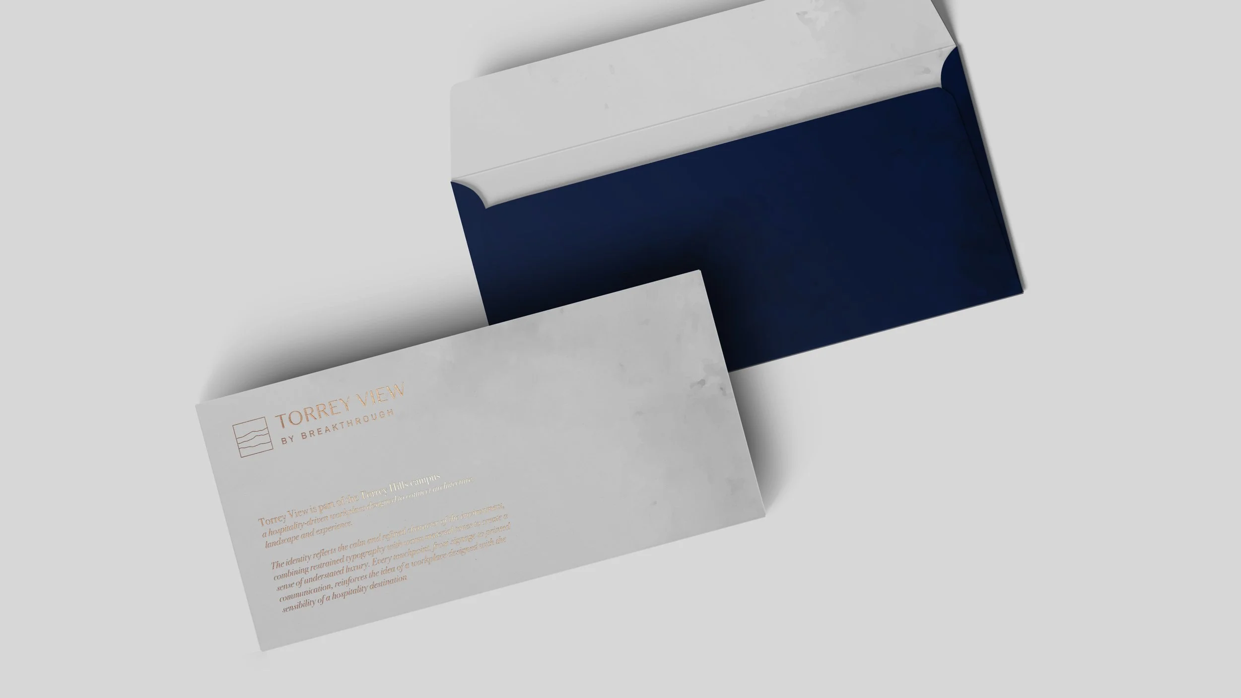 A brochure and a box from Torrey View by Breakthrough show the brochure partially out of the box, with descriptive text visible.