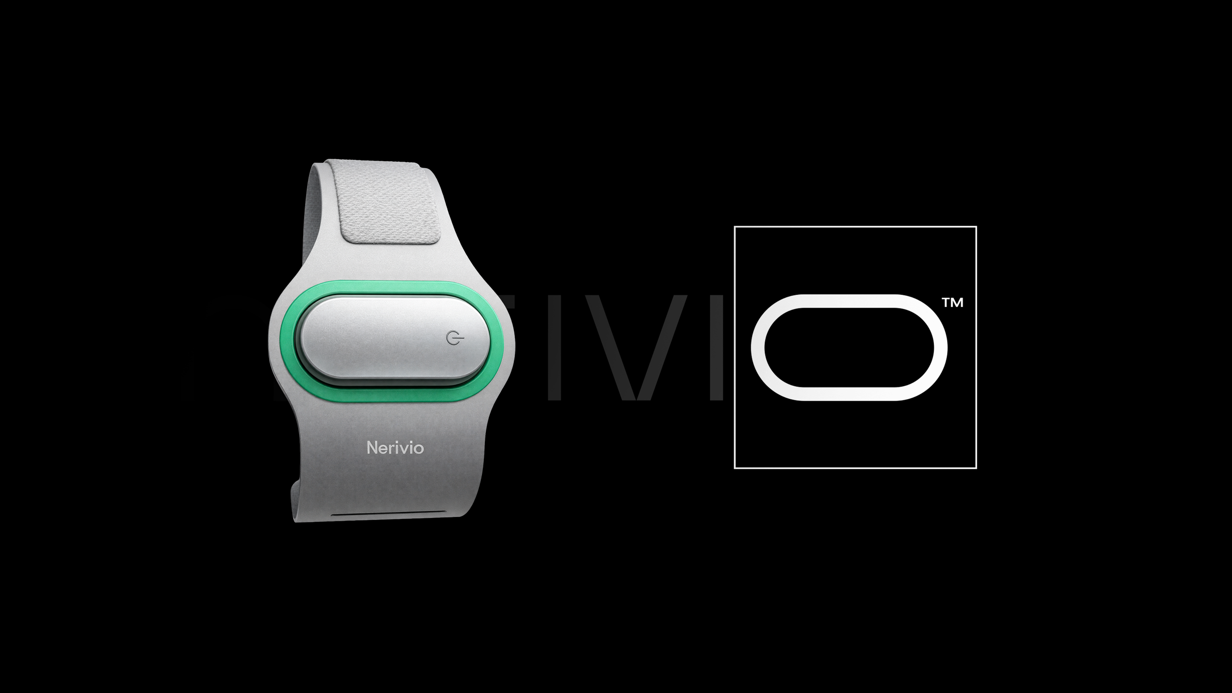 Close-up of a Neurov wearable health device with a grey strap, a grey oval button bordered in green, and the word 'Nervio' on the strap, against a black background with the Neurov logo.