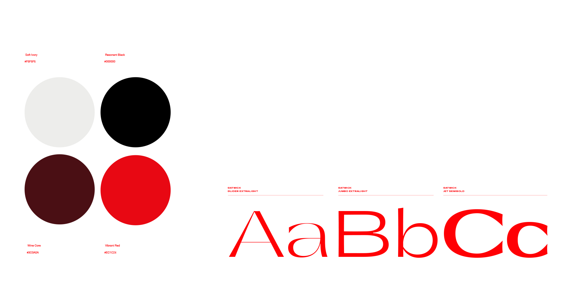 A color palette chart displaying black, white, burgundy, and red colors with corresponding hex codes, along with sample text in various fonts and styles, including large red uppercase and lowercase letters.