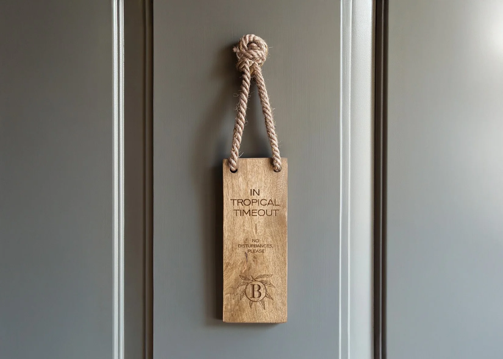 Wooden sign hanging on a door with a thick rope, reading "In Tropical Timeout No Disturbances Please" with a decorative leaf and letter B at the bottom.