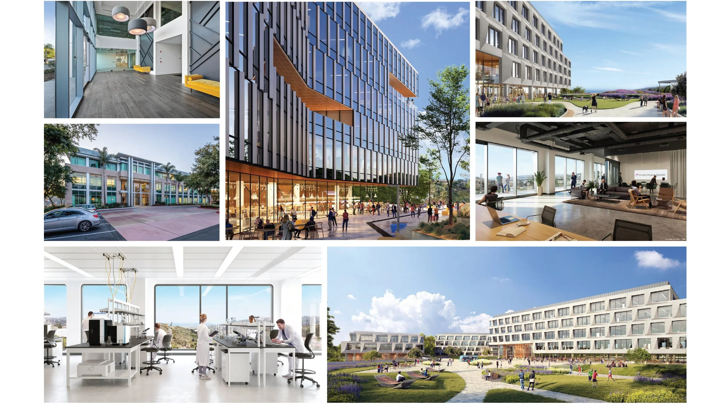A collage of architectural and interior design images showcasing modern office buildings, interior workspaces, and outdoor recreational areas including a park with people enjoying the space.