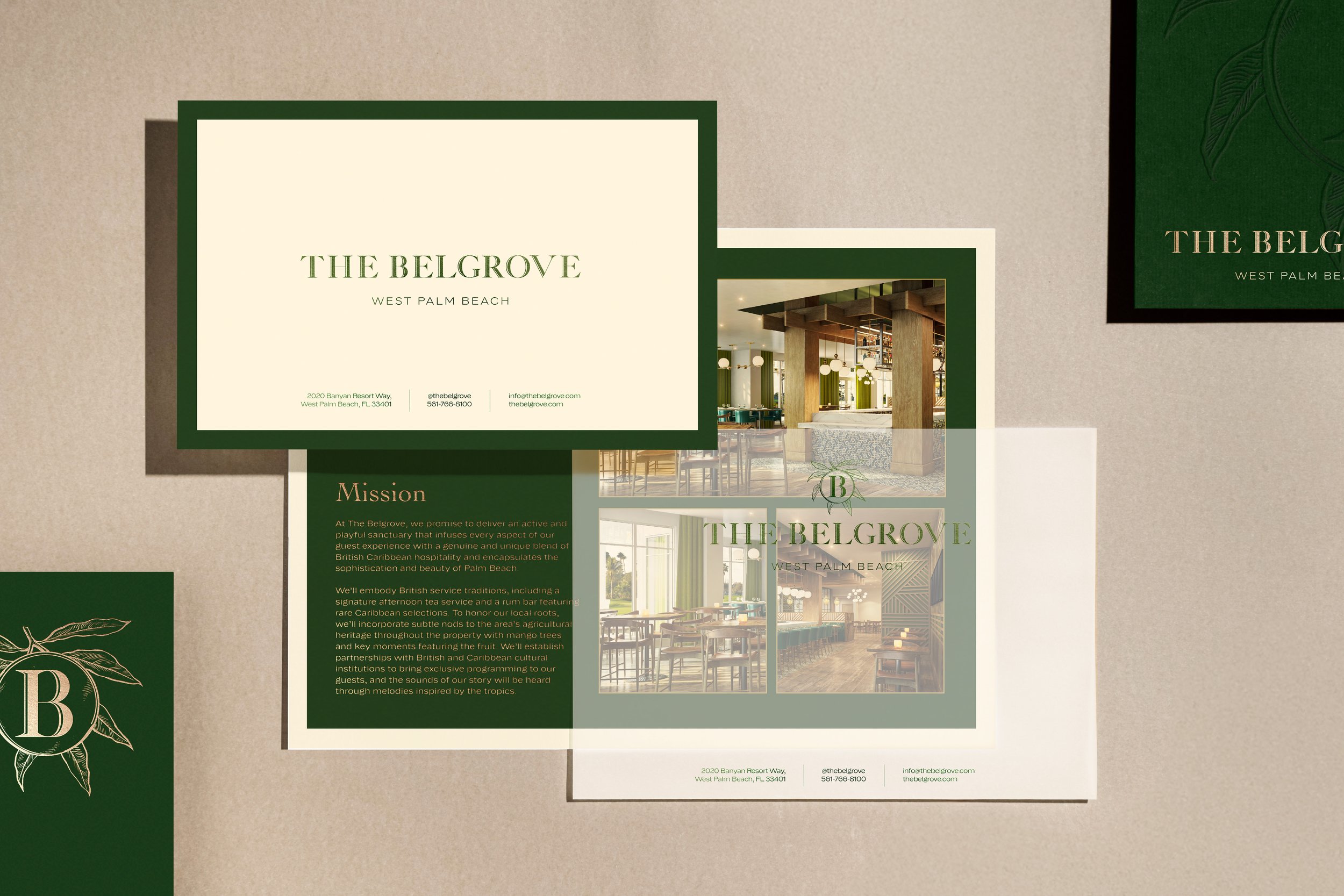 Marketing materials for The Belgrove, a resort in West Palm Beach, Florida, including brochures and posters featuring interior images and the resort's logo.