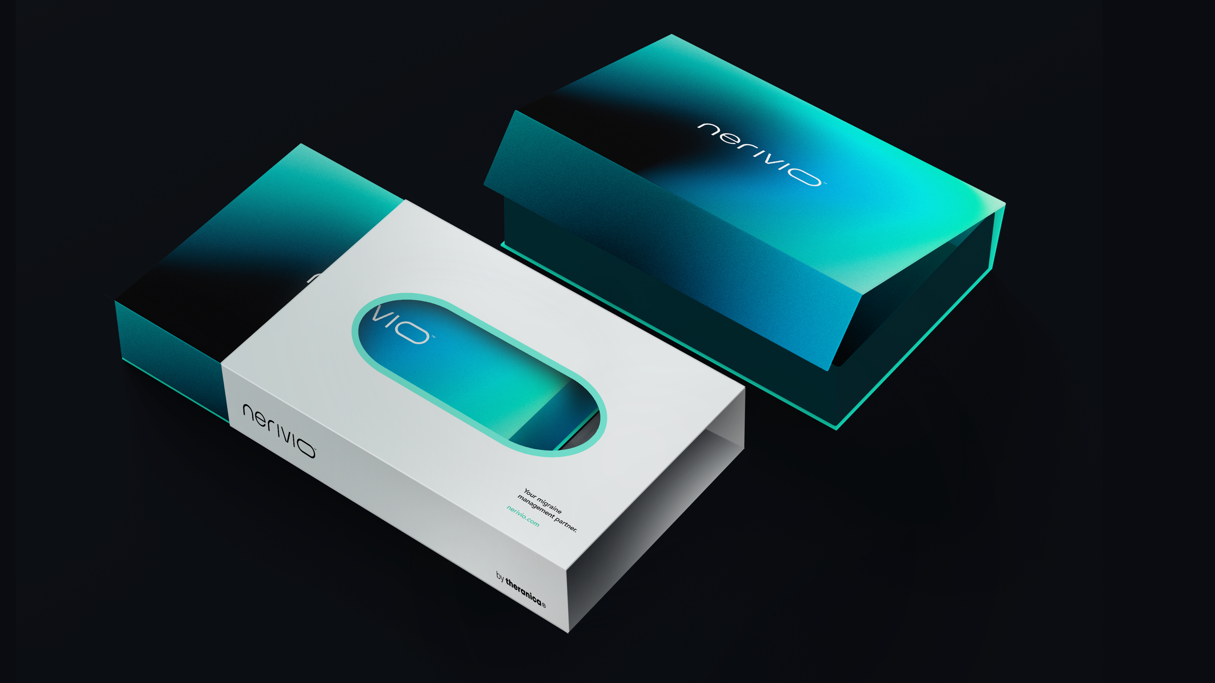 Packaging for NERIVO, a product related to migraine management, includes a sleek white box with a transparent window revealing a teal and black device inside, and a matching blue-green box with the brand name 'nervio' on top.