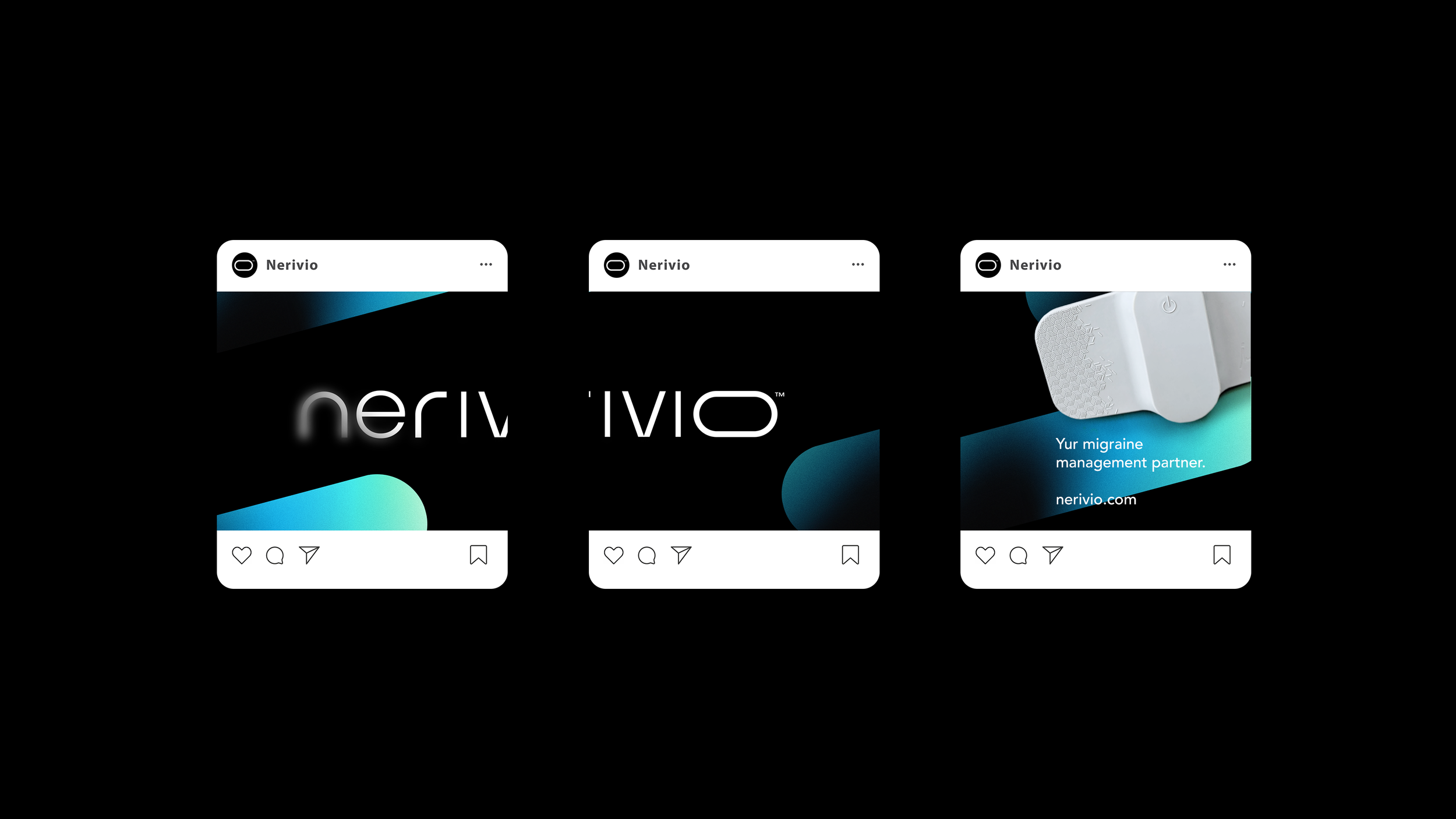 Three social media displays featuring Nerivio migraine management device, with logos, product images, and website URL nerivio.com.