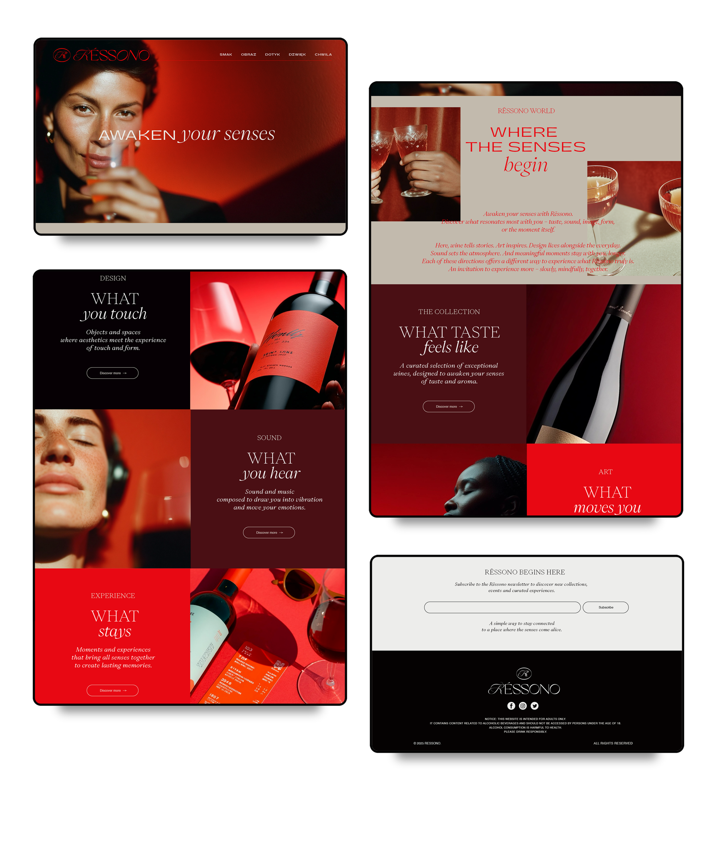 Screenshots of a website for Rèssono, a brand of wine. The images feature people enjoying wine, bottles and glasses of wine, with themes of sensory experiences, taste, sound, and art. The design uses a red and black color scheme with elegant fonts.