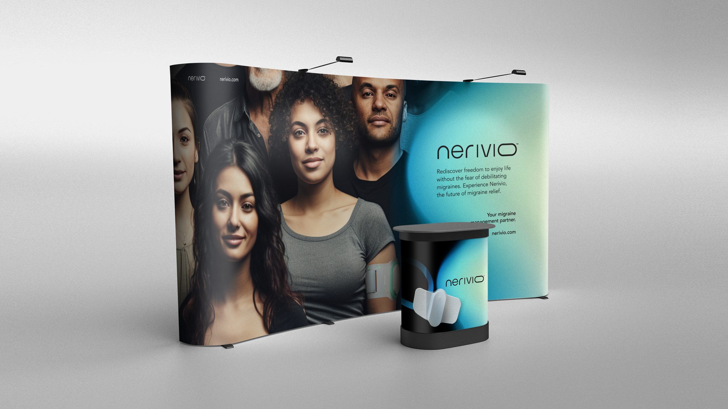 Trade show display for Nervivo migraine relief product featuring a backdrop with diverse group of people and a small table with product samples.