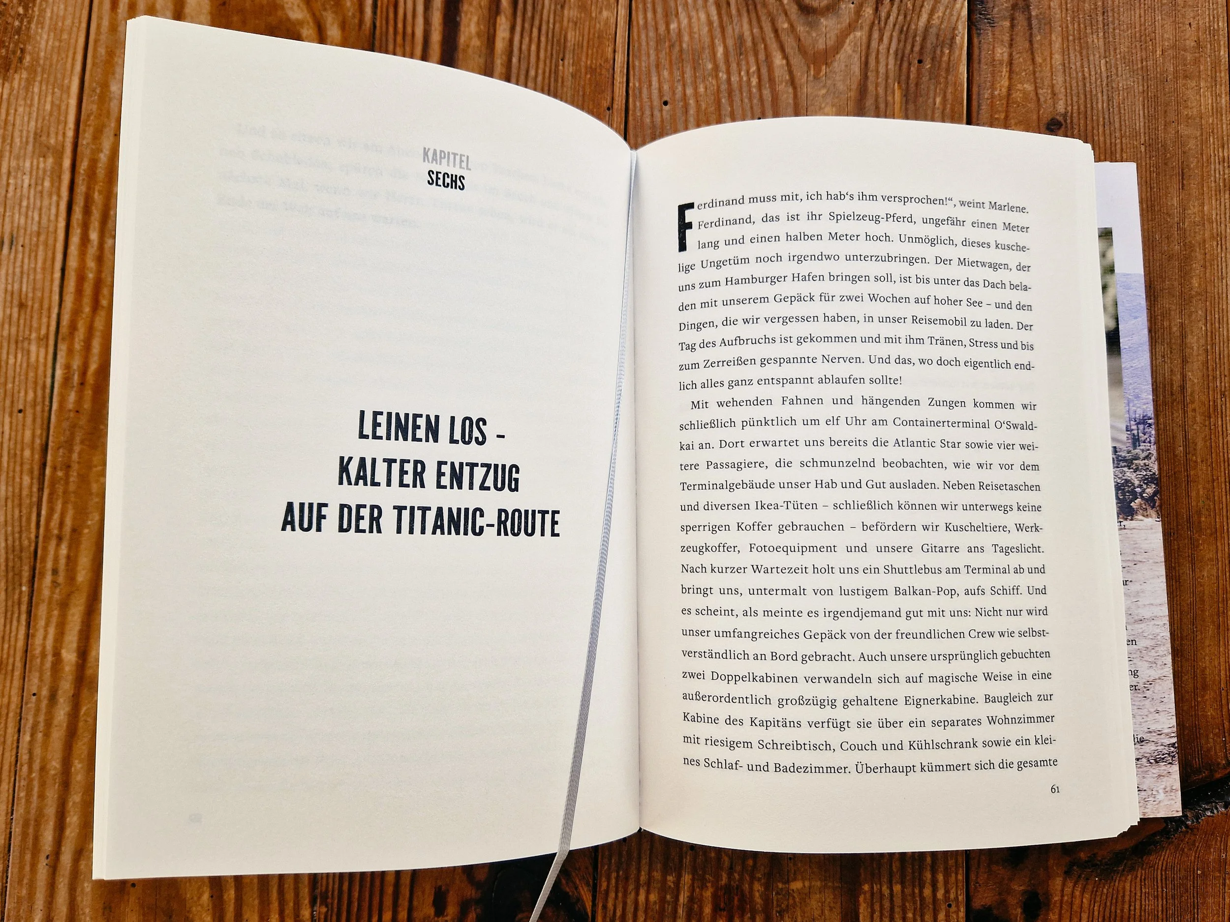 Offenes Buch auf Holztisch, zeigt Kapitelüberschrift 'Sechs' aus dem Buch 'LASTERLEBEN' und einen Textausschnitt in deutscher Sprache.