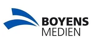 Logo von Boyens Medien mit blauen wellenförmigen Linien und schwarzem Text
