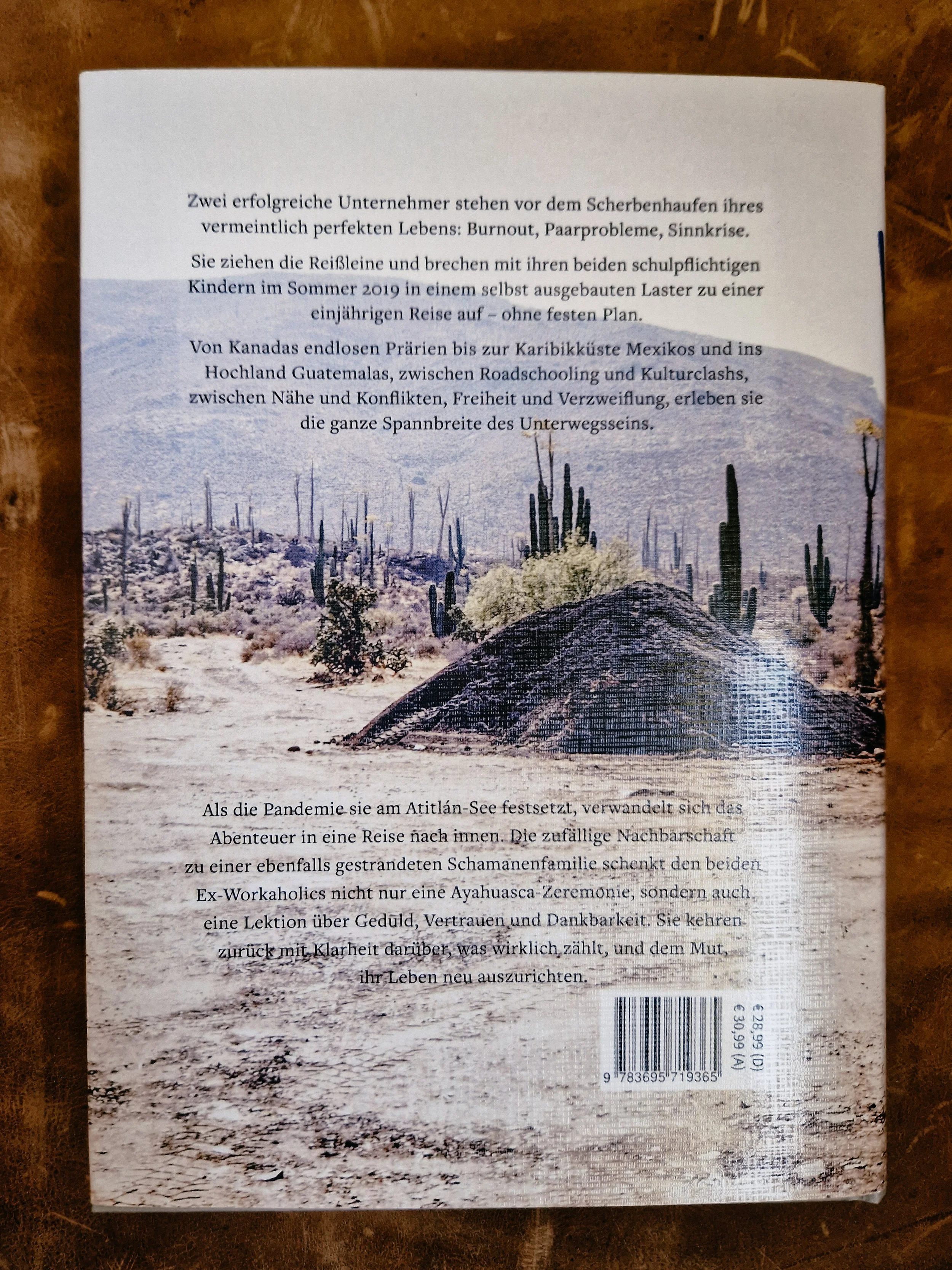 Rückseite des Buches 'LASTERLEBEN' mit Text in deutscher Sprache und einem Bild einer Wüstenlandschaft mit Kakteen im Hintergrund.