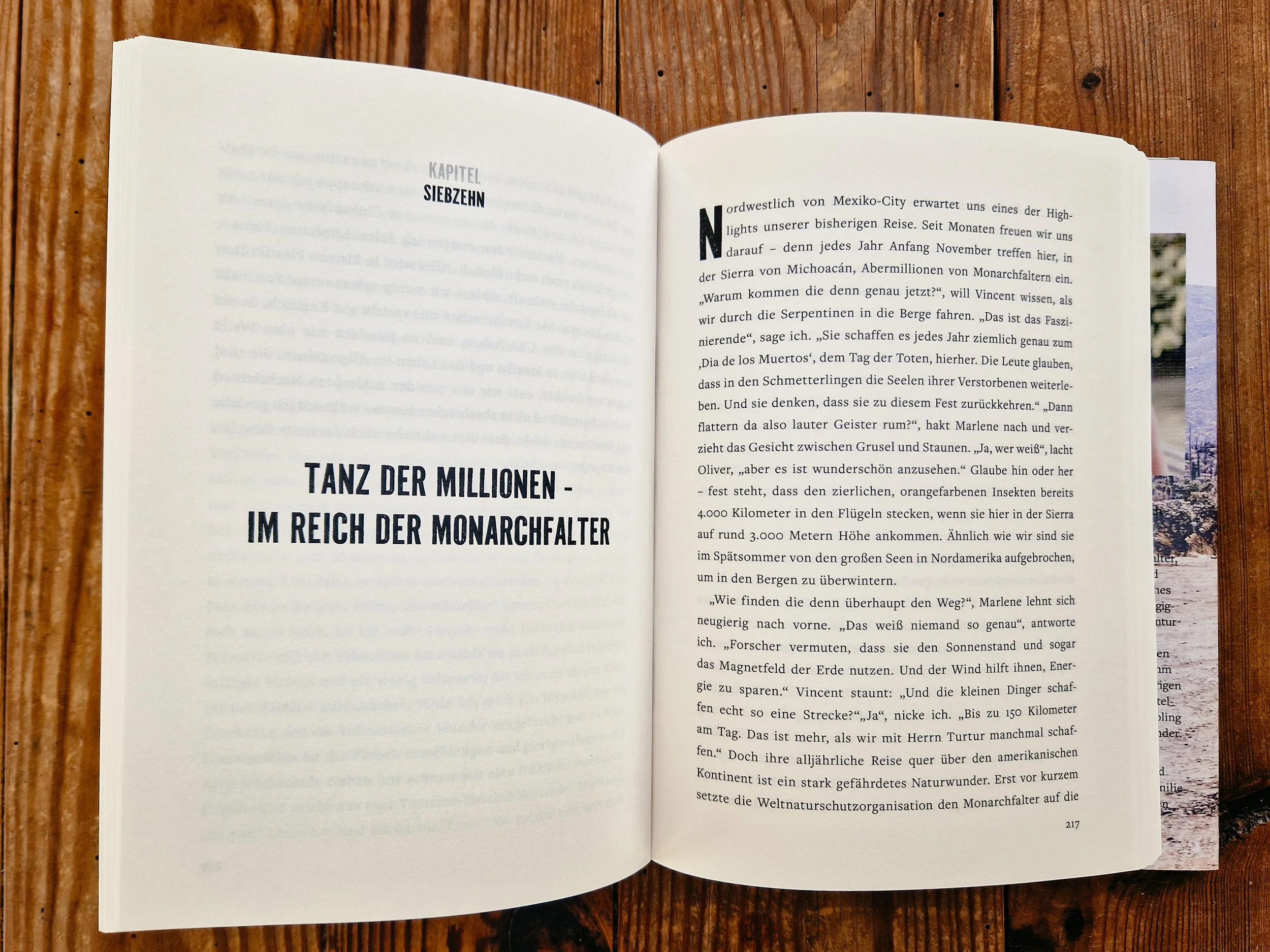 Ein offenes Buch liegt auf einer Holzoberfläche. Die linke Seite zeigt den Anfang eines Kapitels mit der Überschrift 'SIEBZEHN', während der Text die Sierra von Michoacán in Mexiko beschreibt. Die rechte Seite enthält fortlaufenden Text mit einem großen, schwarzen initialen 'N' am Anfang.