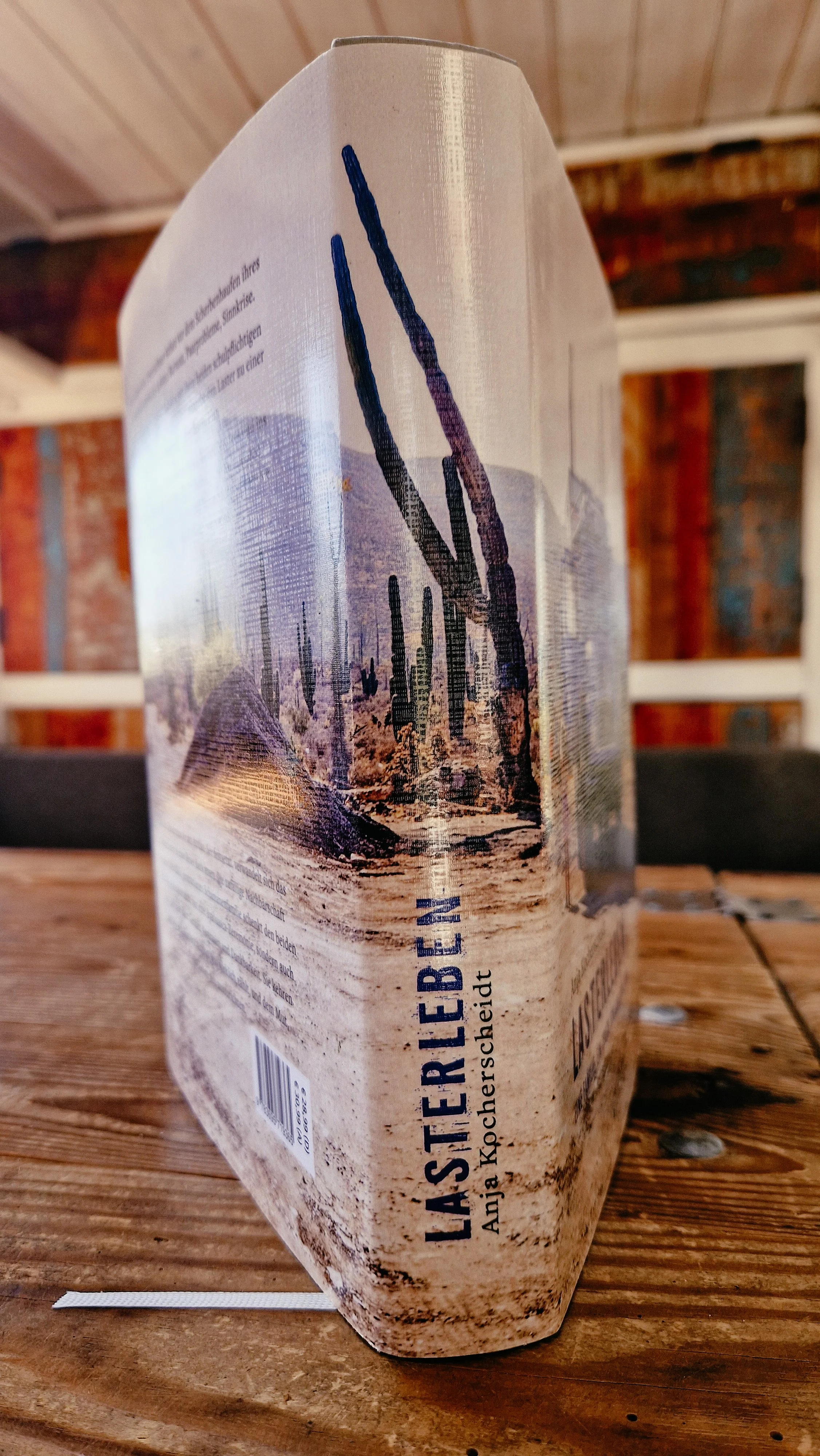 Buchcover mit Titel 'LASTERLEBEN', Autorin Anja Kocherscheidt, zeigt eine Silhouette von Kakteen in einer Wüstenlandschaft in Baja California, Mexiko.
