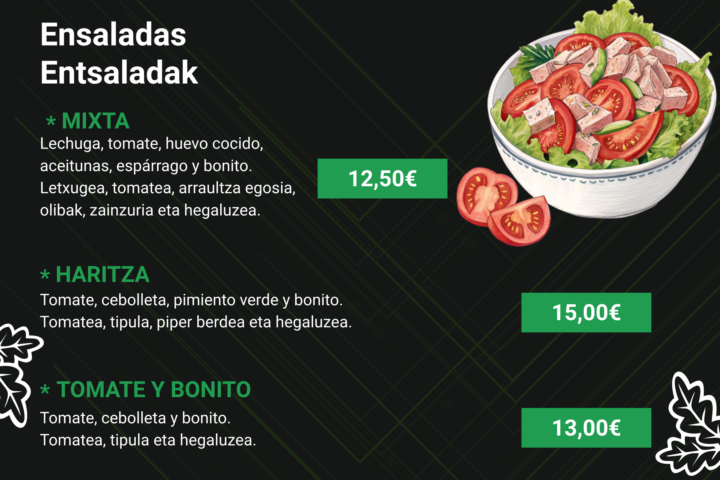 Menú de ensaladas con nombres en español y en euskera, incluyendo imágenes de una ensalada en un bol blanca con tomates, lechuga, tomate, y otros ingredientes, con precios en euros.