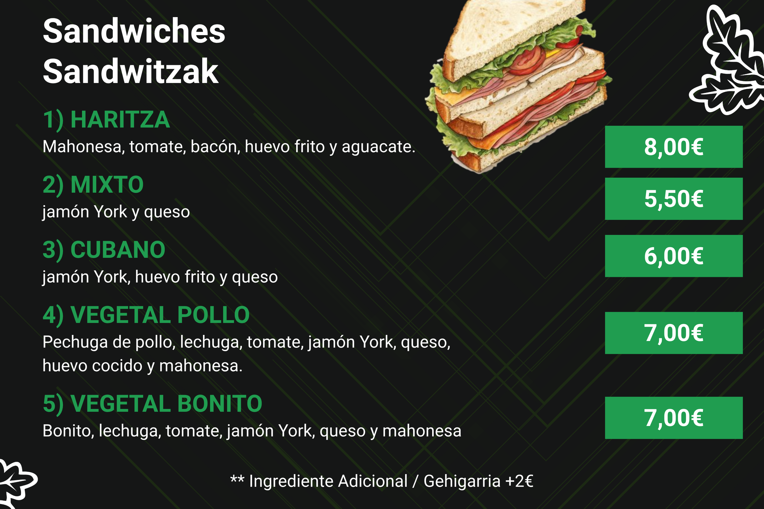 Menú de sándwiches con lista de cinco opciones y precios en euros, acompañada de una ilustración de un sándwich en la esquina superior derecha.