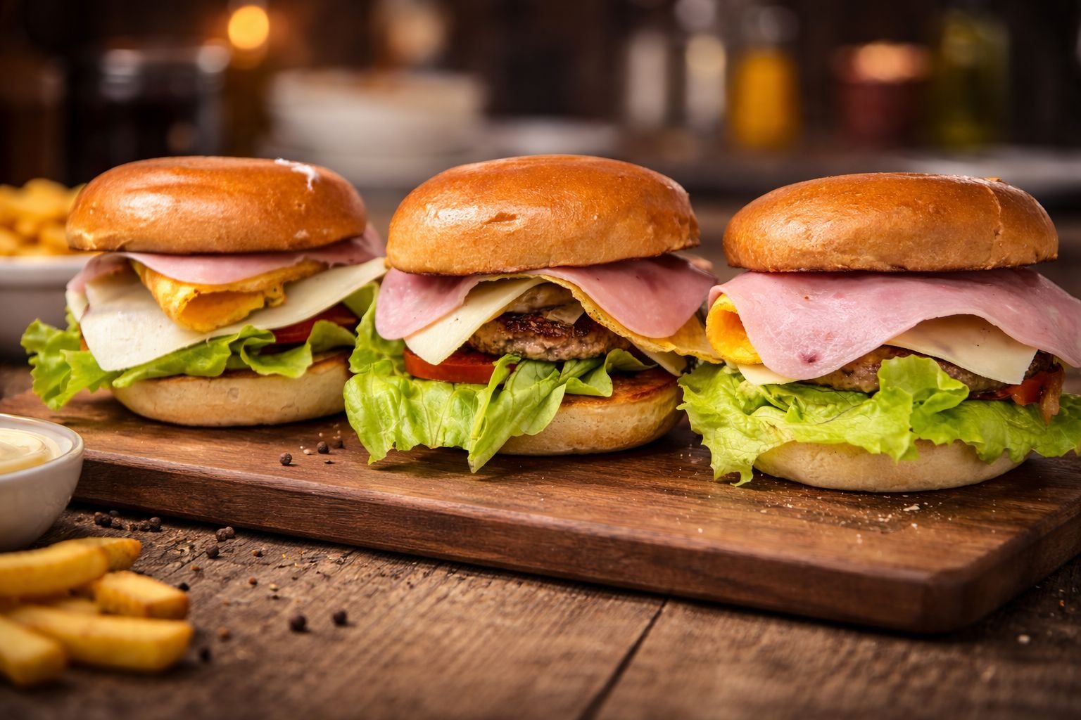 Tres sándwiches con carne, jamón, queso, lechuga, tomate y pan en una tabla de madera.