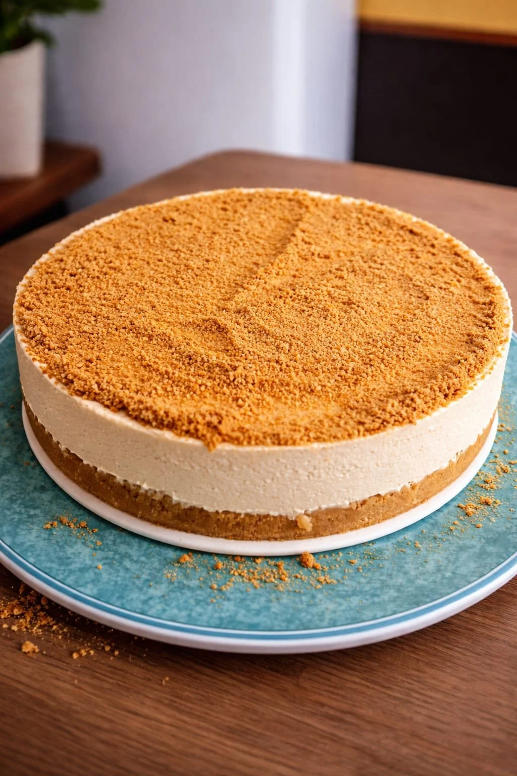 Pastel de queso con galleta Graham y cobertura de galleta en la parte superior.