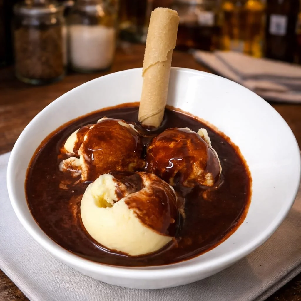 Plato de papas con albóndigas en salsa de chocolate, con una galleta en forma de cilindro.