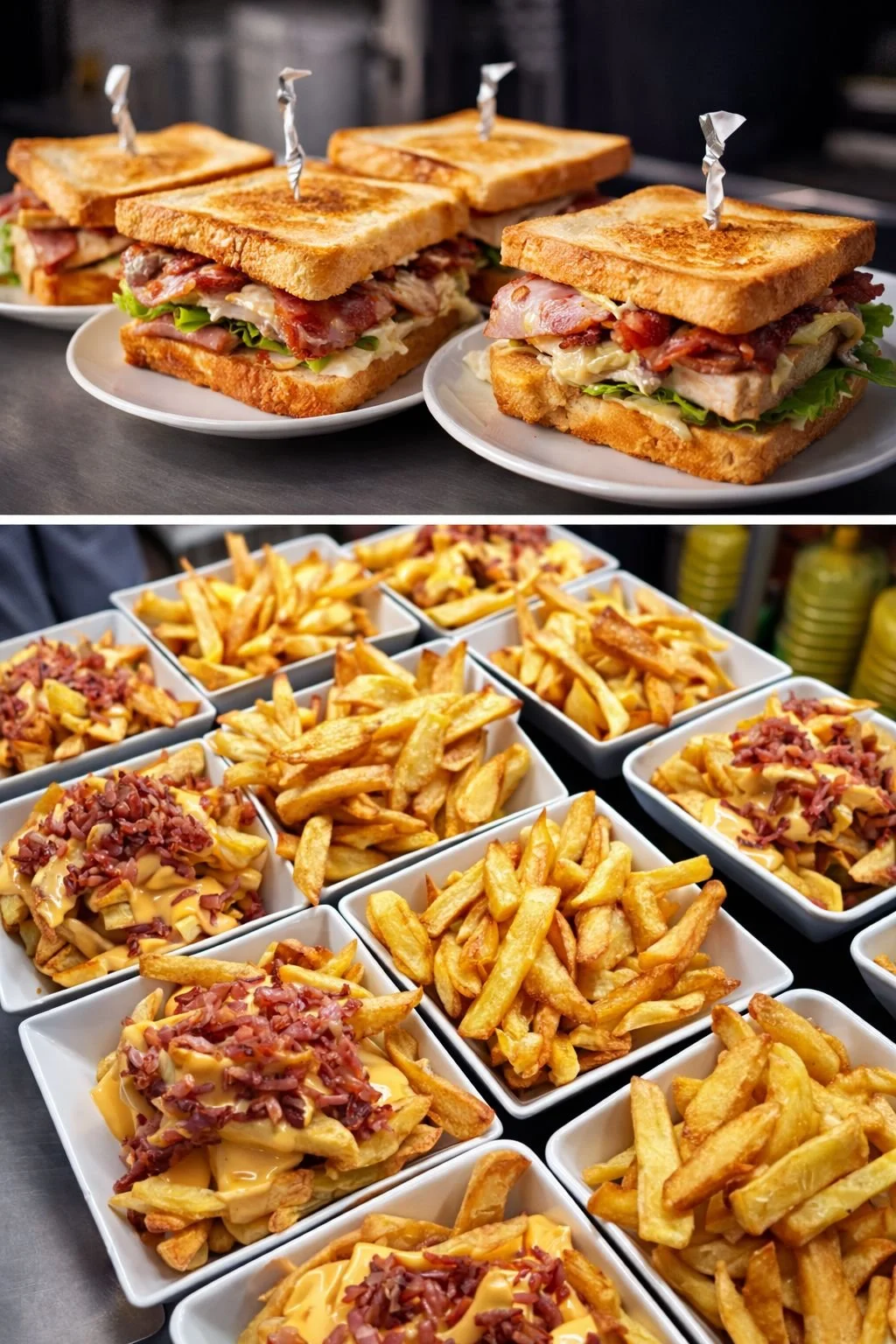 Sándwiches en pan tostado con carne, lechuga y tomate, y cajas de papas fritas con queso y tocino.