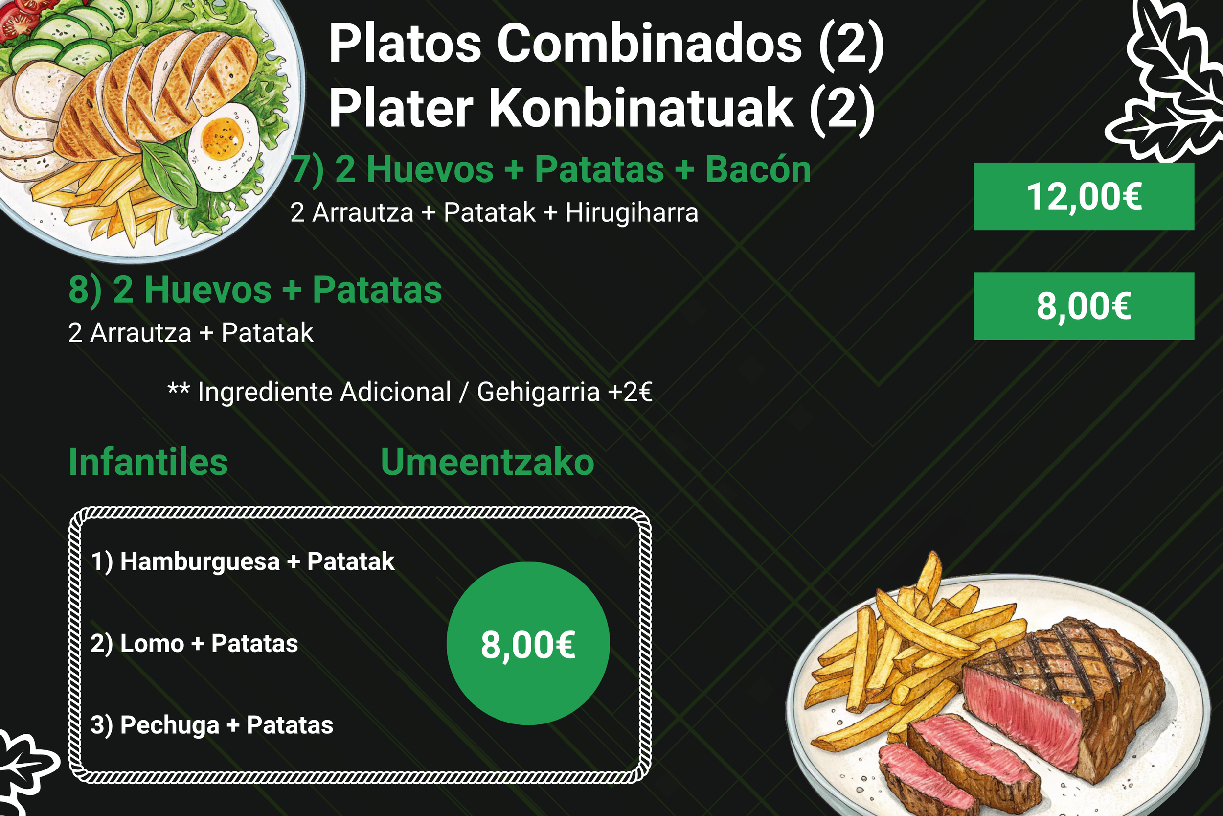 Un menú de comida presentan varias opciones de platos combinados y menores en un fondo negro con decoraciones de hojas. Incluye un plato con pollo, huevos, papas fritas y tocino, y una imagen de un bistec con papas fritas.