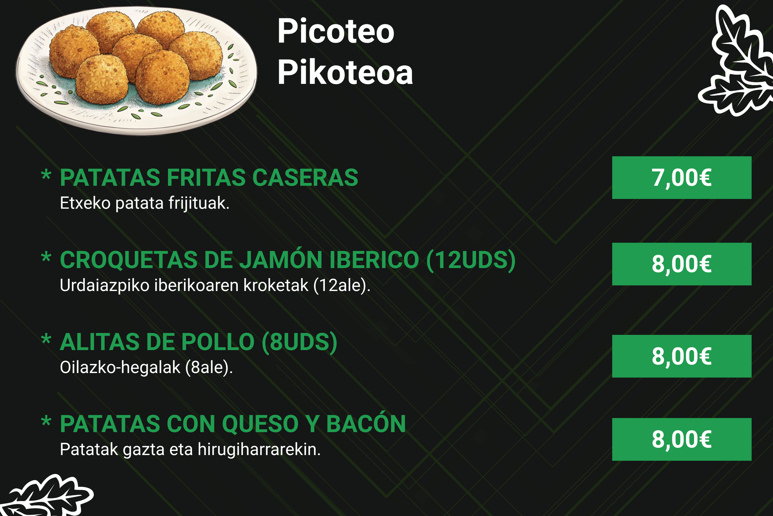Un plato con varias croquetas doradas sobre un plato blanco con diseño verde.