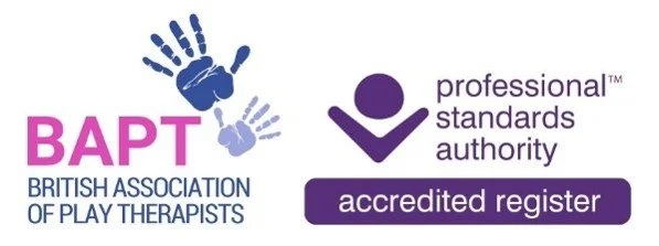 Logo of the British Association of Play Therapists with accreditation icon of the Professional Standards Authority.