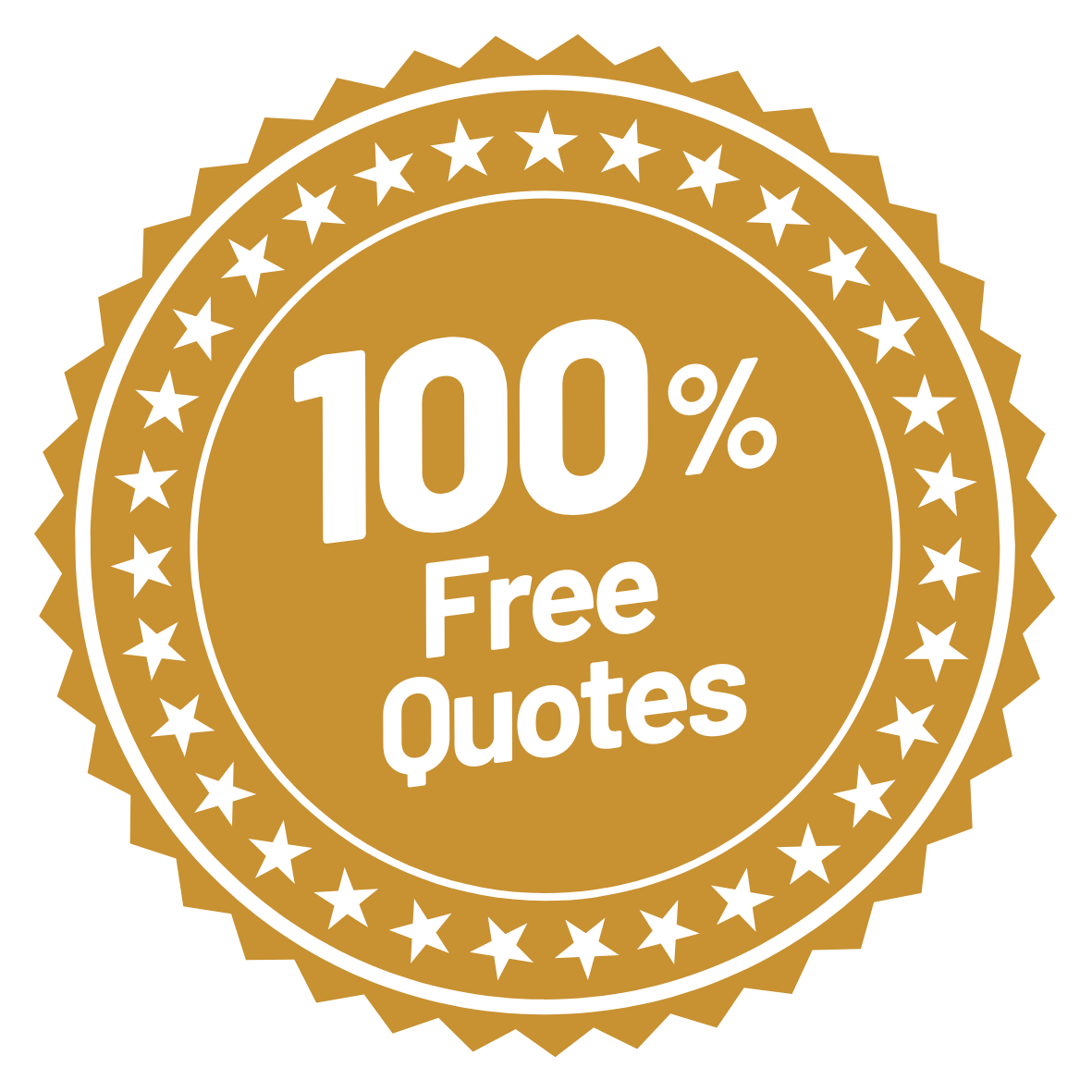 Gold badge with white stars and text declaring '100% Free Quotes'.