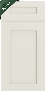 White cabinet door with a rectangular inset panel and a narrow slit at the top, labeled 'NEW' in the corner