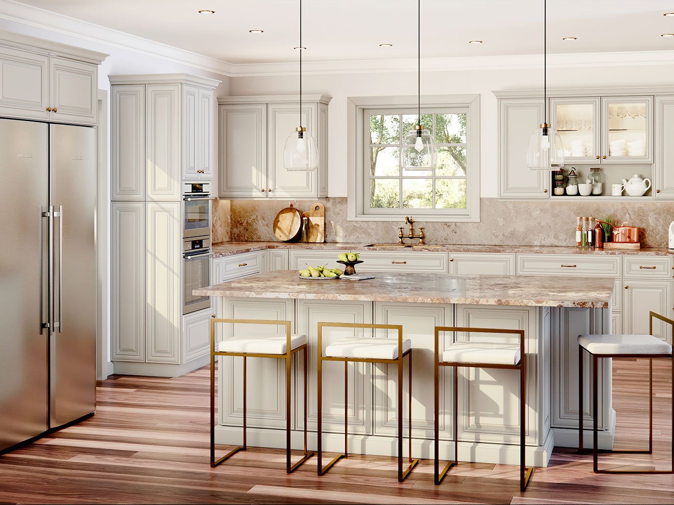 A modern kitchen with white cabinetry, a marble island, stainless steel appliances, and a window overlooking greenery.