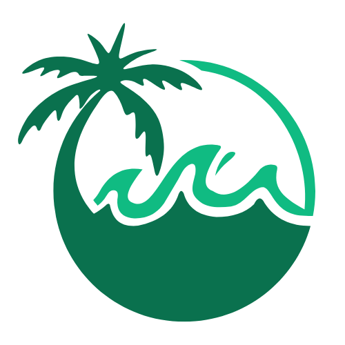 A stylized logo featuring a palm tree and a wave inside a circular design.