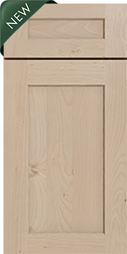 A light-colored wooden cabinet door with a green 'NEW' banner in the top left corner.