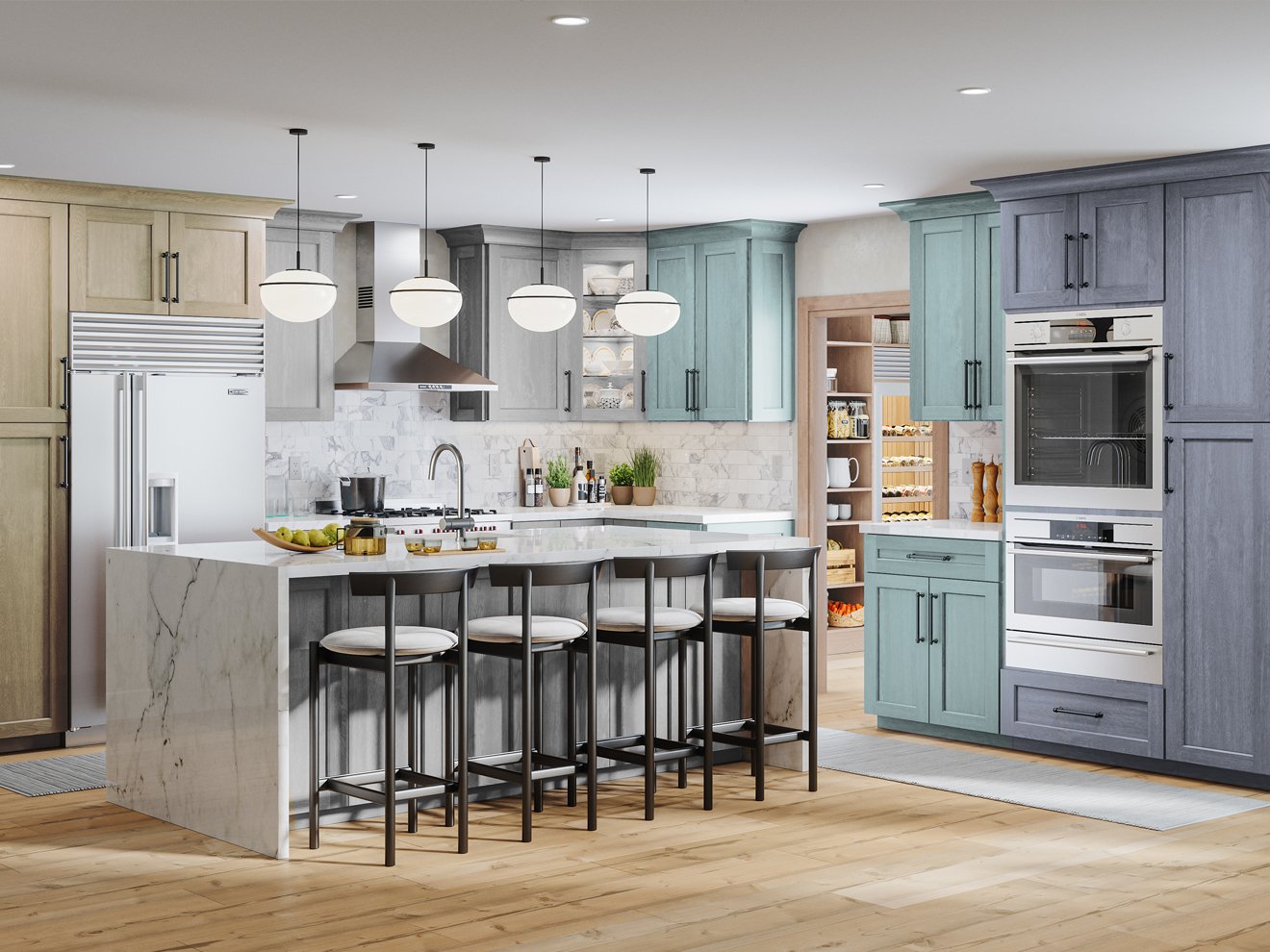 Modern kitchen with light wood and pastel blue cabinets, a marble island with four stools, stainless steel appliances, pendant lights, and a pantry.