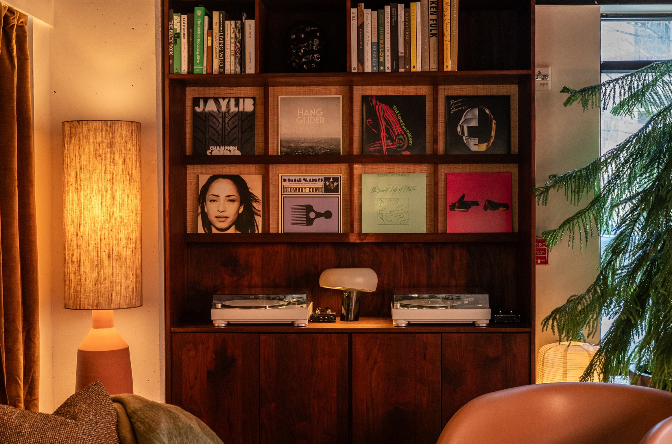 A wooden bookshelf with vinyl records and books, a lamp on the left, turntables on the bottom, a window on the right with a plant nearby.