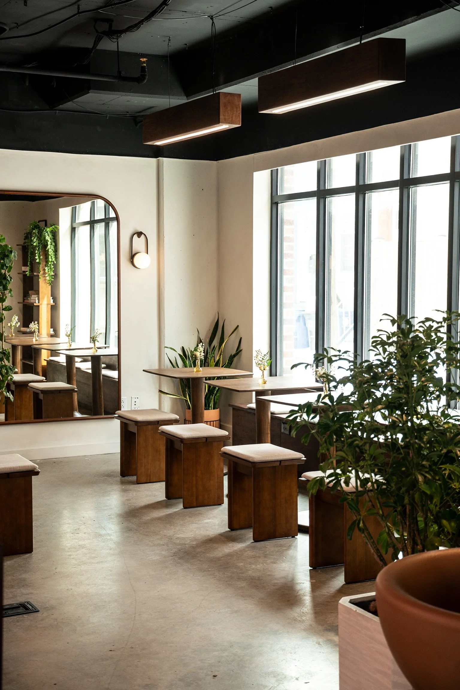 Interior of a modern cafe or restaurant with wooden tables and stools, large windows allowing natural light, and greenery in pots. Ceiling has black and dark wood elements with rectangular hanging lights.