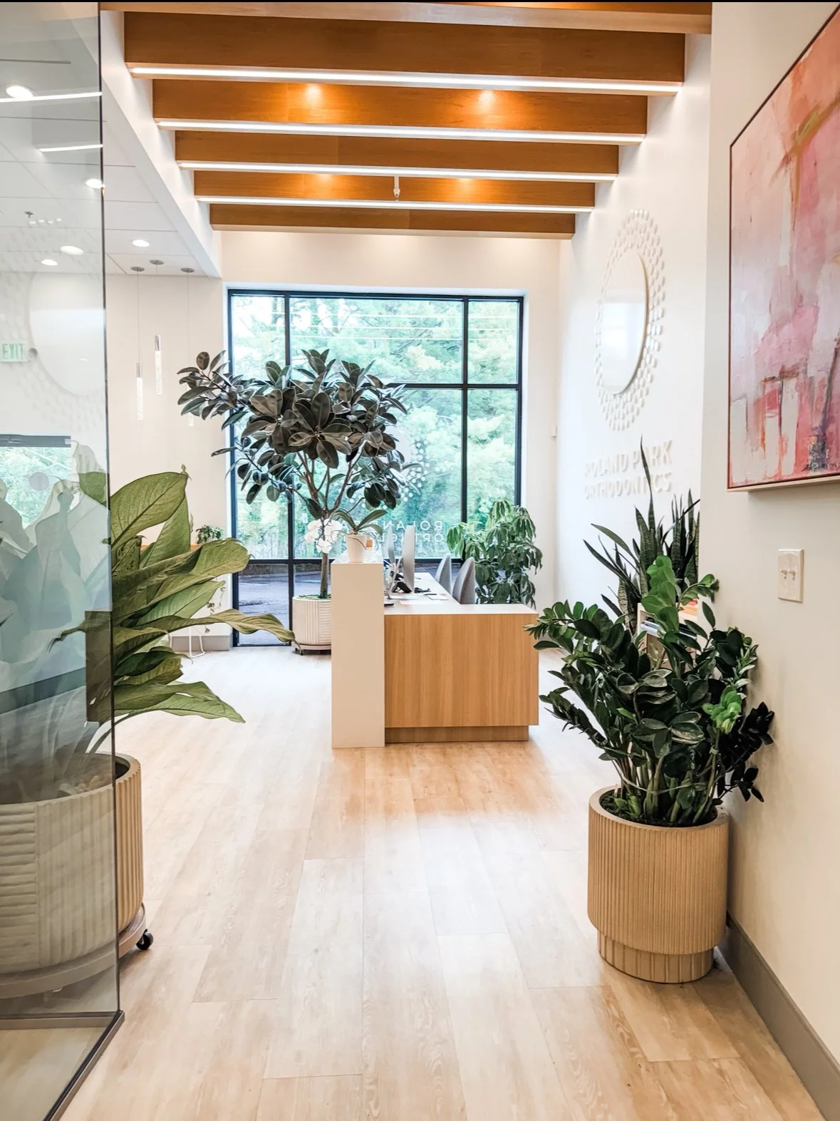 Modern office reception area with wooden ceiling beams, large window, potted plants, and a reception desk.