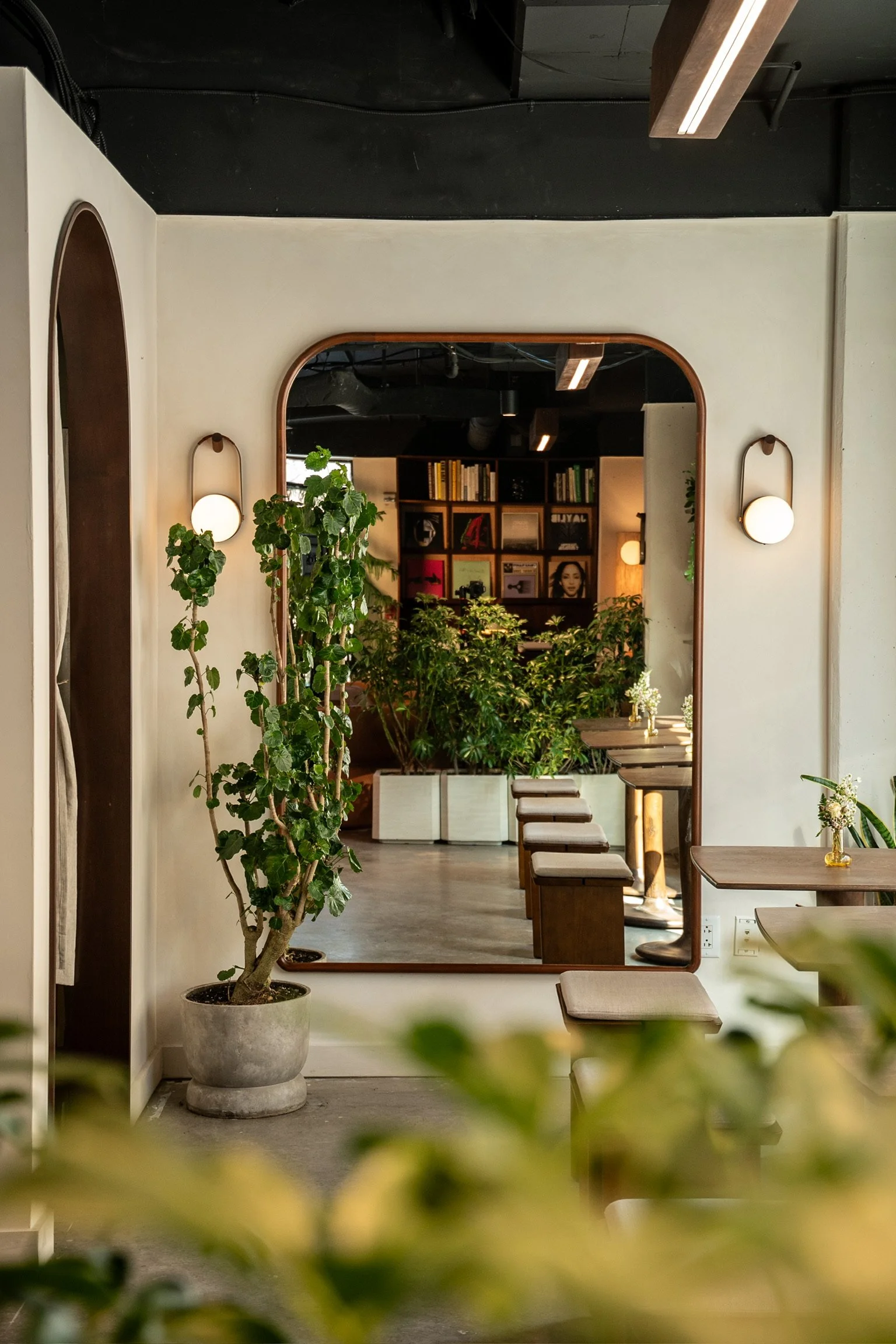 A cozy cafe interior with a large mirror reflecting wooden tables, white upholstered chairs, and a bookshelf filled with books and art photos, surrounded by lush green plants and soft lighting.