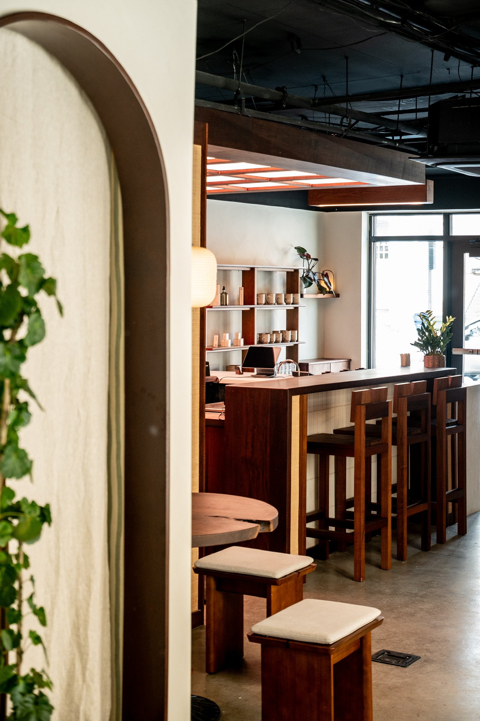 Inside a modern coffee shop or cafe, with wood furniture and green plants, natural light coming through large window.