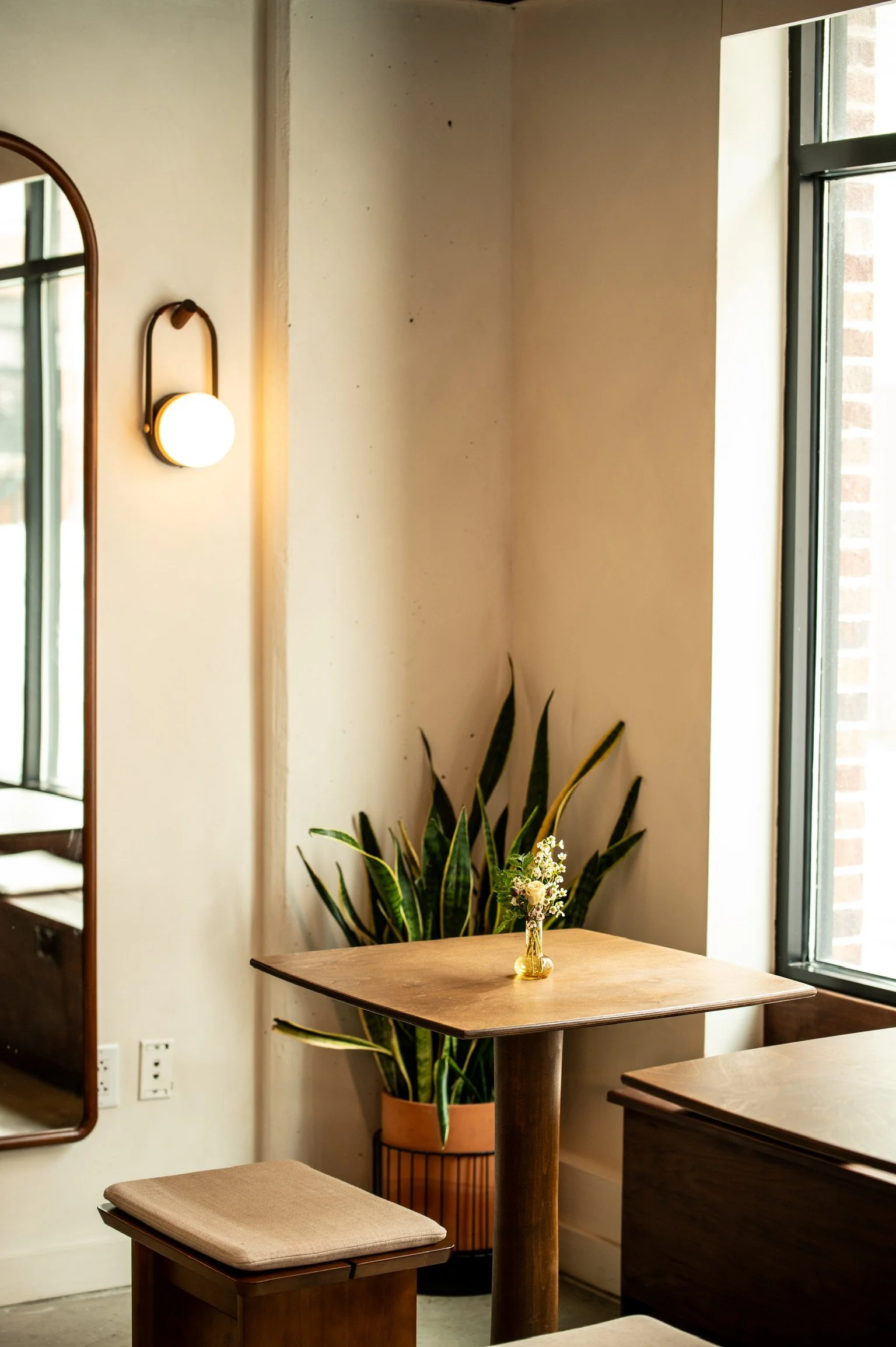 Interior of a cozy cafe or restaurant with a wooden table, a plant in a pot, and a window letting in natural light.